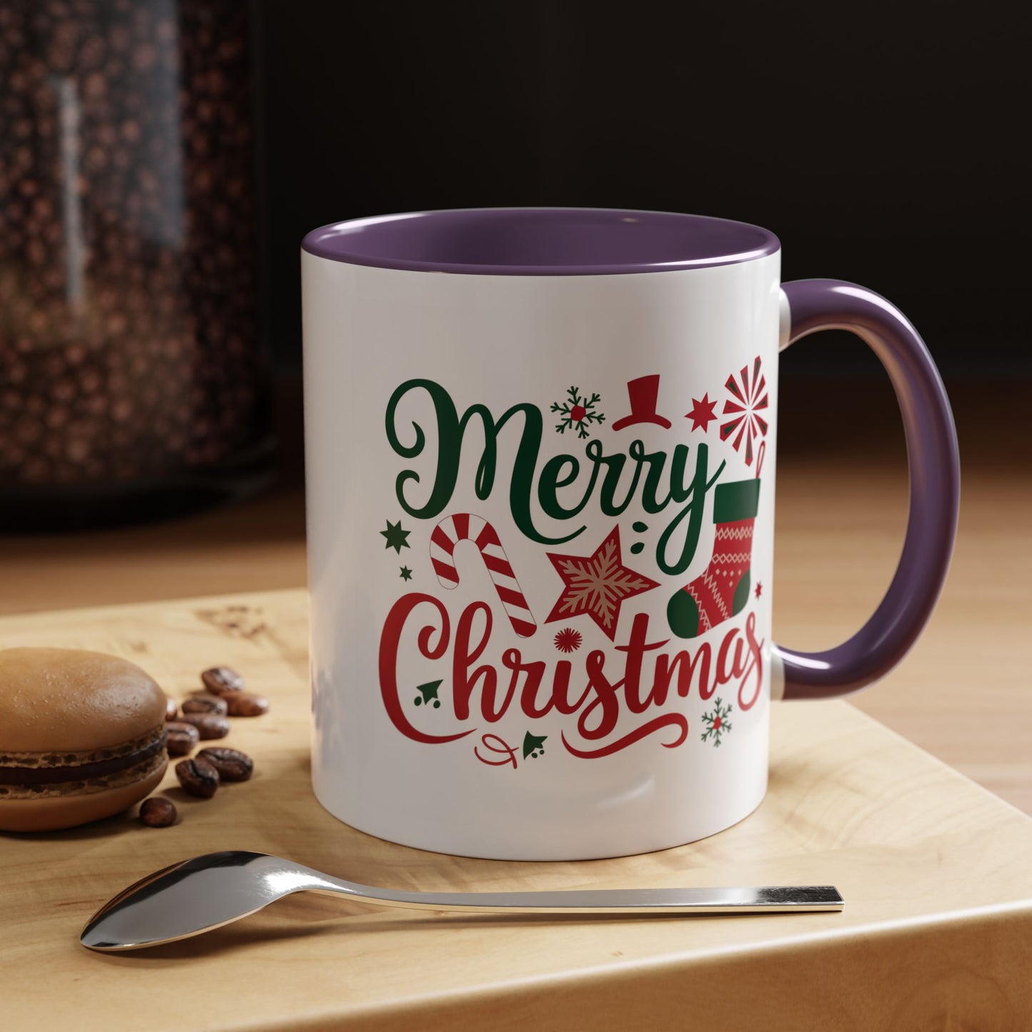 Christmas Mug - Merry Christmas Green & Red Text Star Candy Cane Stocking Snowflake