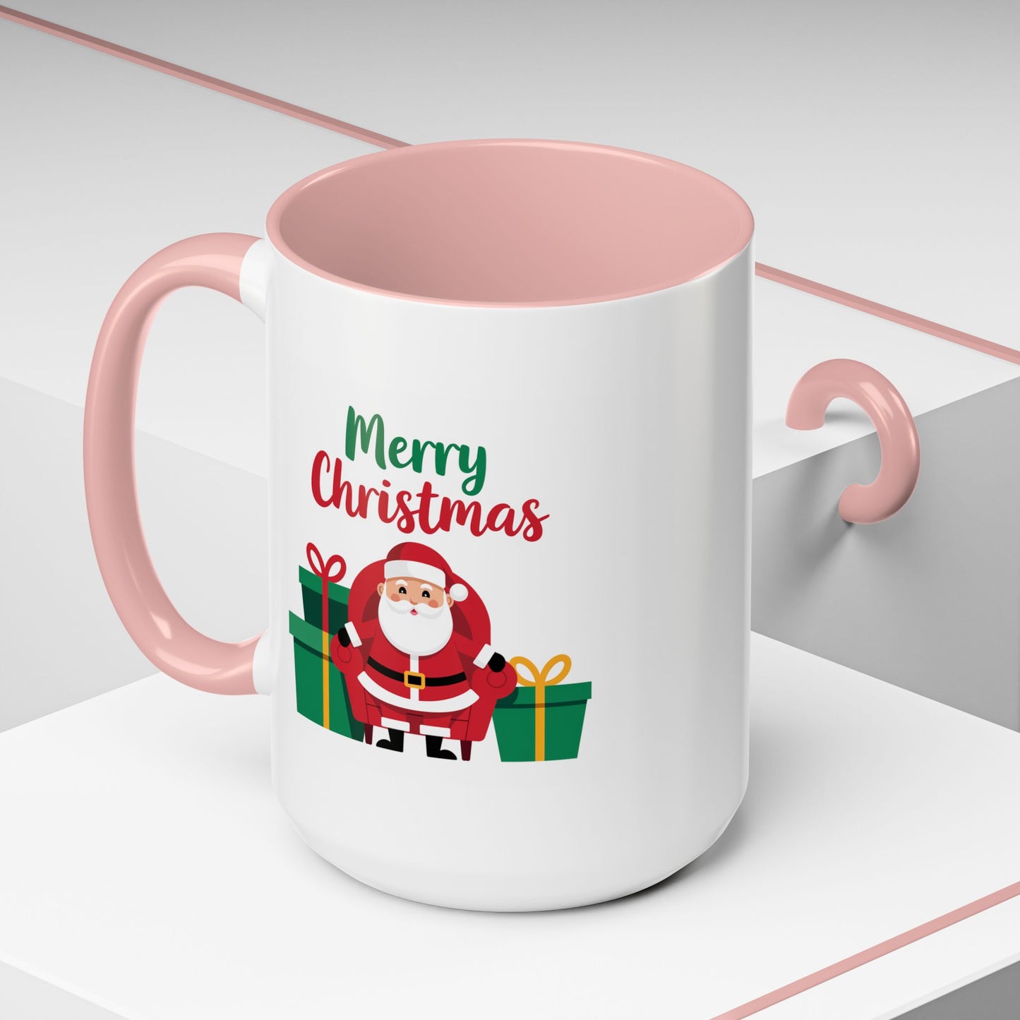 Christmas Mug - Merry Christmas Green & Red Text Santa Presents
