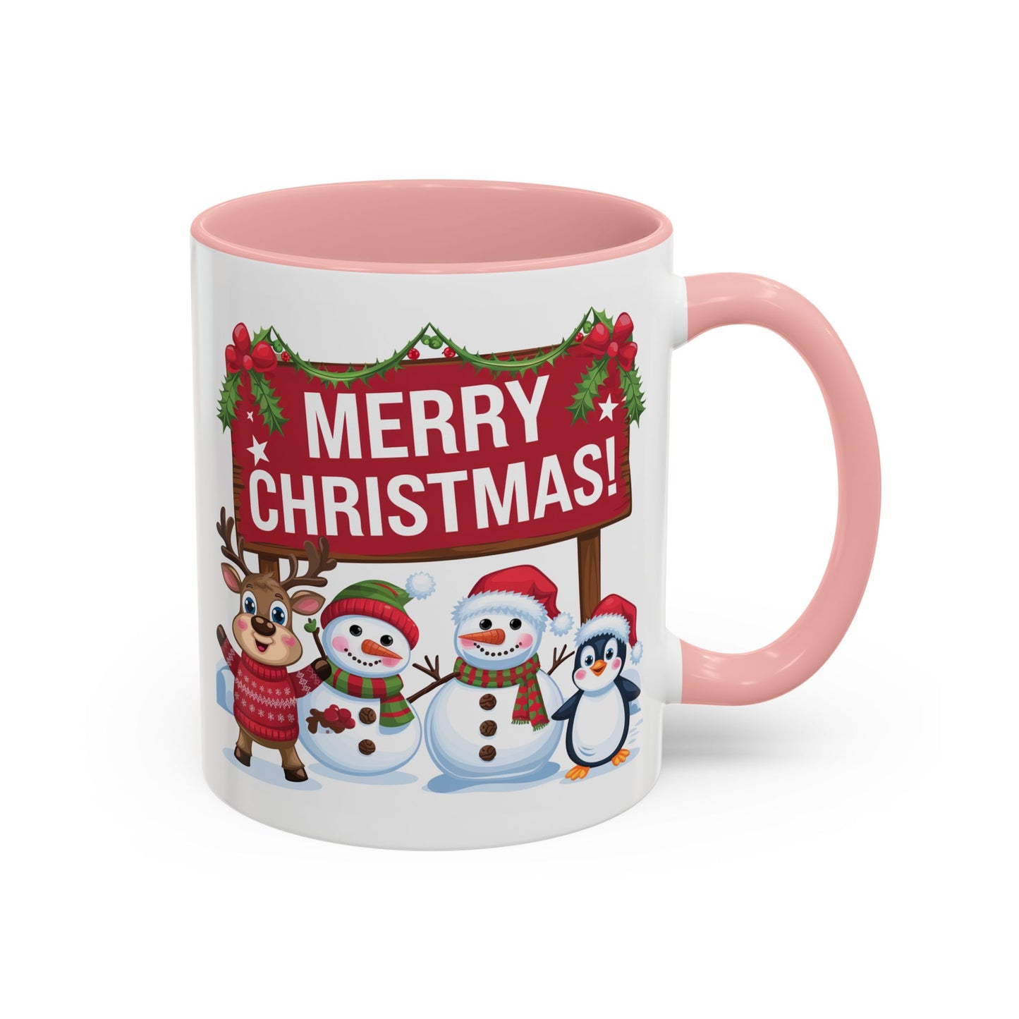 Christmas Mug - Merry Christmas White Text Reindeer Snowmen Penguin