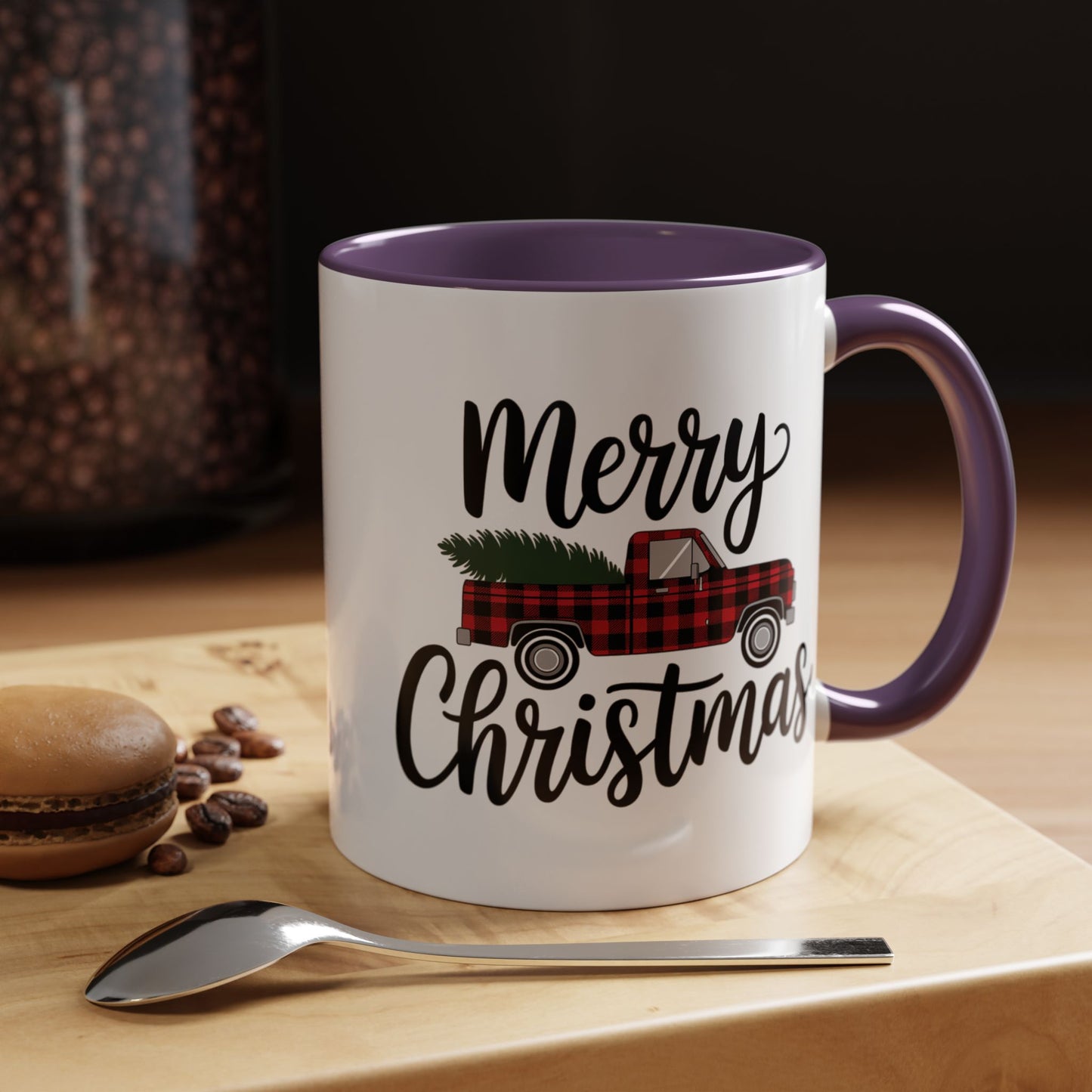 Christmas Mug - Merry Christmas Black Text Tartan Truck