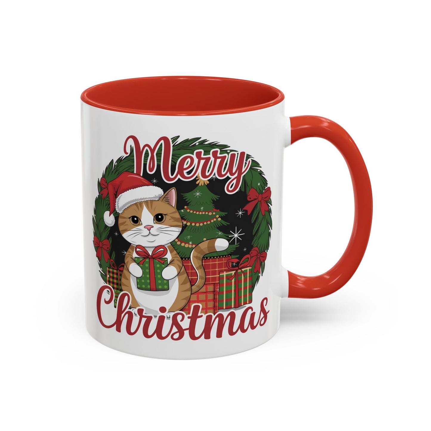 Christmas Mug - Merry Christmas Red Text Cat Presents Wreath