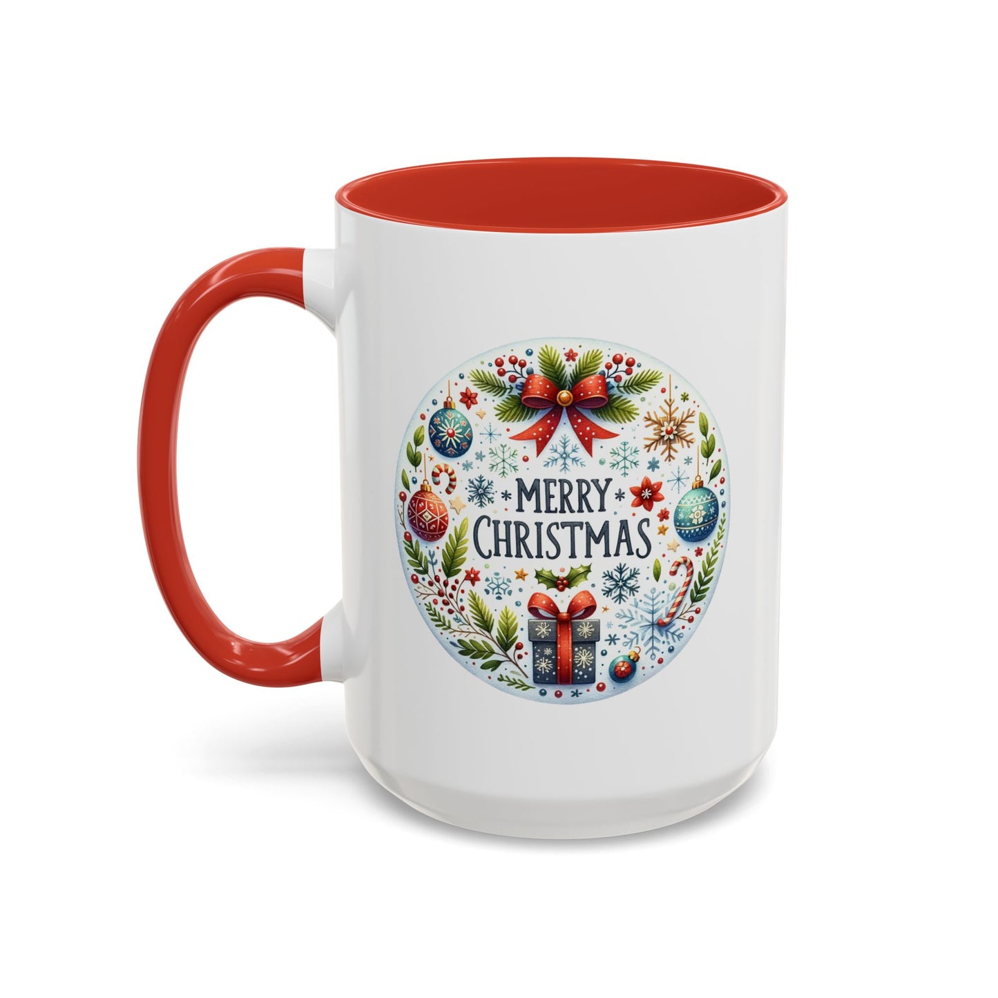 Christmas Mug - Merry Christmas Blue Text Bow Present Ornaments