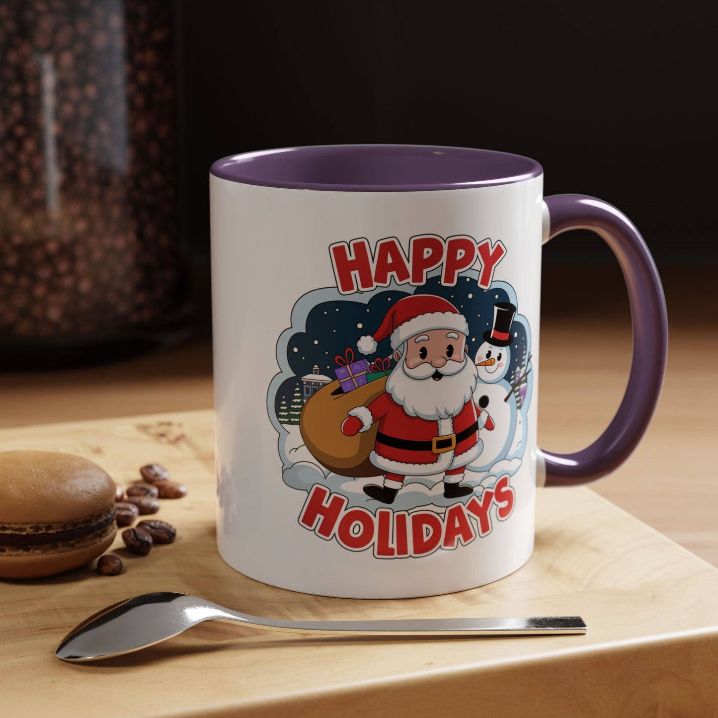 Christmas Mug - Happy Holidays Red & White Text Santa Snowman