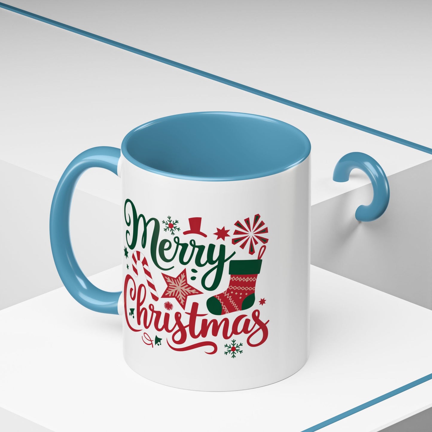 Christmas Mug - Merry Christmas Green & Red Text Star Candy Cane Stocking Snowflake