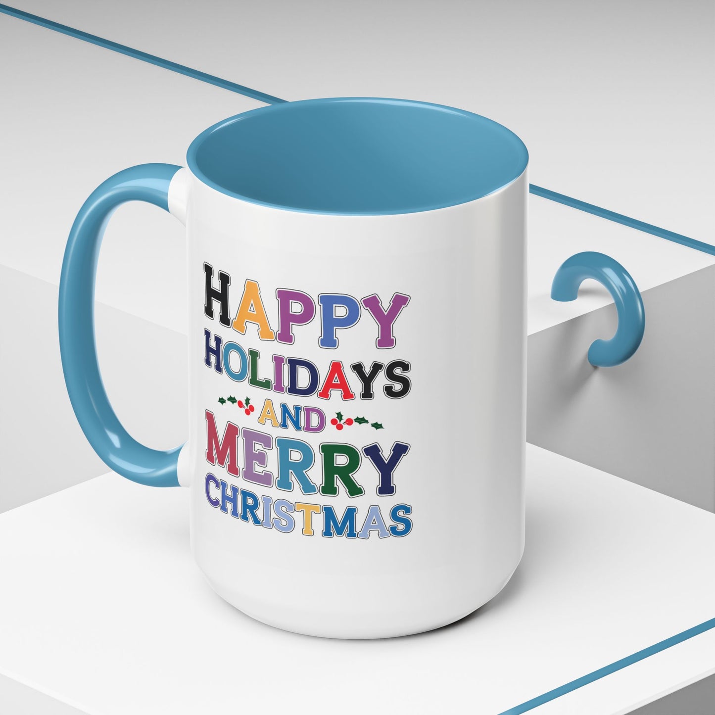 Christmas Mug - Happy Holidays and Merry Christmas Blue Yellow Purple Orange Red Text