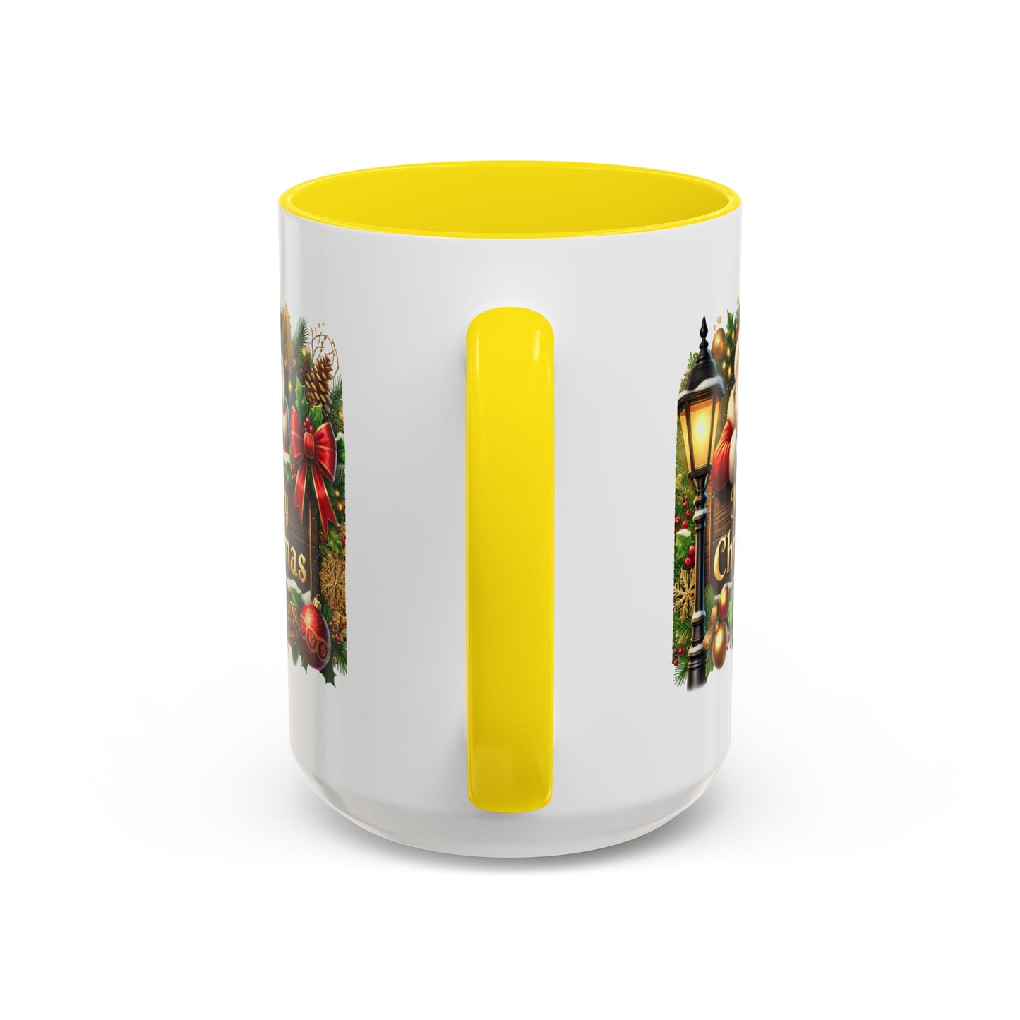 Christmas Mug - Merry Christmas Cream Text Santa Ok Light Bow Ornaments