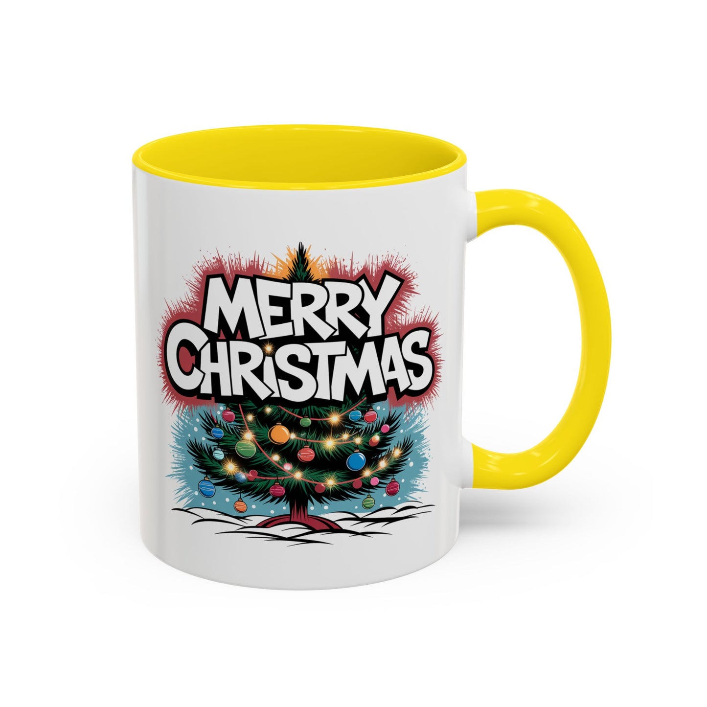 Christmas Mug - Merry Christmas White & Red Text Tree Lights
