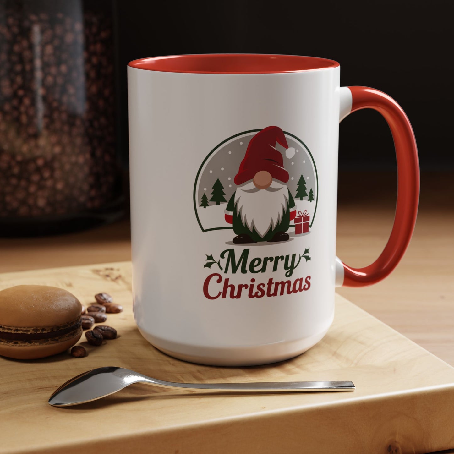 Christmas Mug - Merry Christmas Green & Red Text Gnome Present Trees