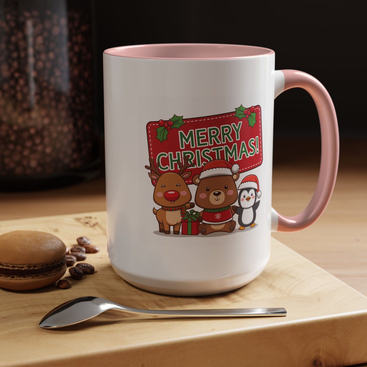 Christmas Mug - Green Text Red Banner Reindeer Bear Penguin