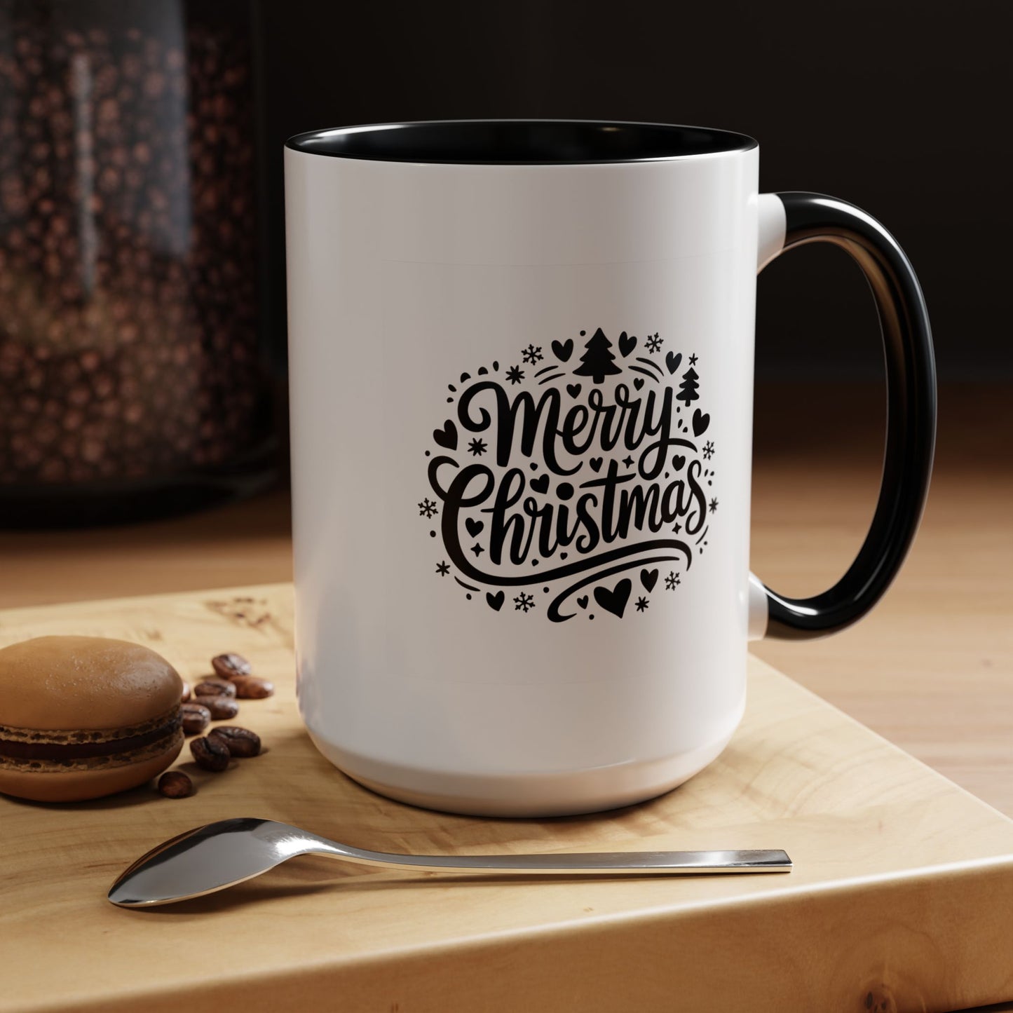 Christmas Mug - Merry Christmas Black Text Trees Snowflakes Hearts
