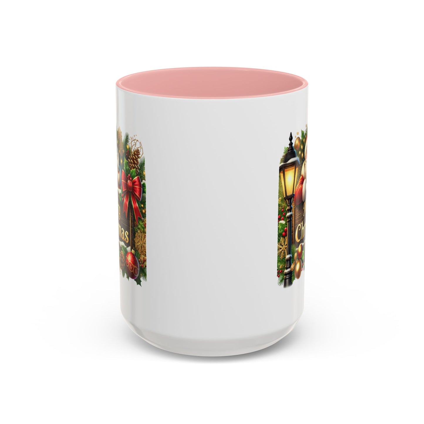 Christmas Mug - Merry Christmas Cream Text Santa Ok Light Bow Ornaments