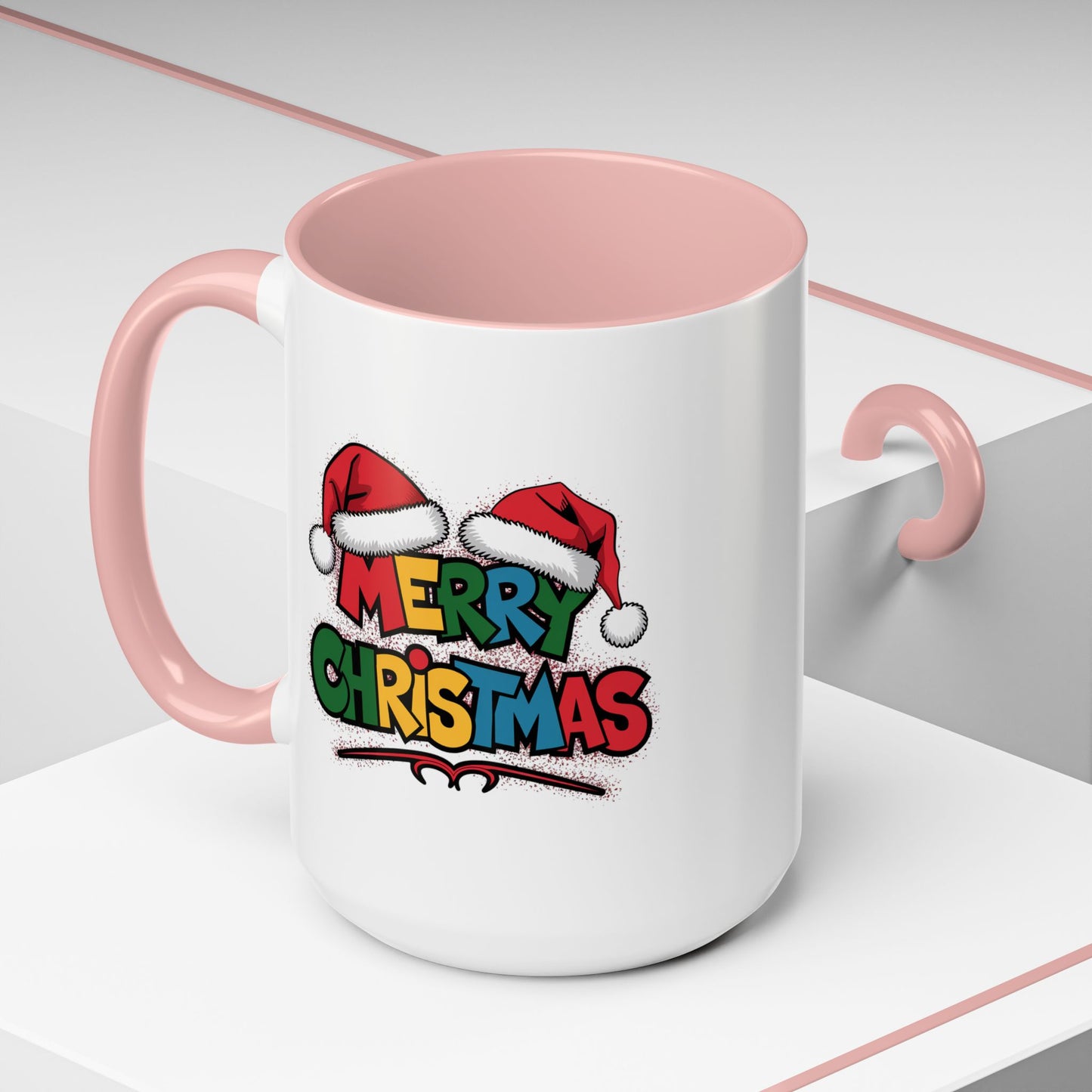 Christmas Mug - Merry Christmas Red Yellow & Blue Text Red Hats