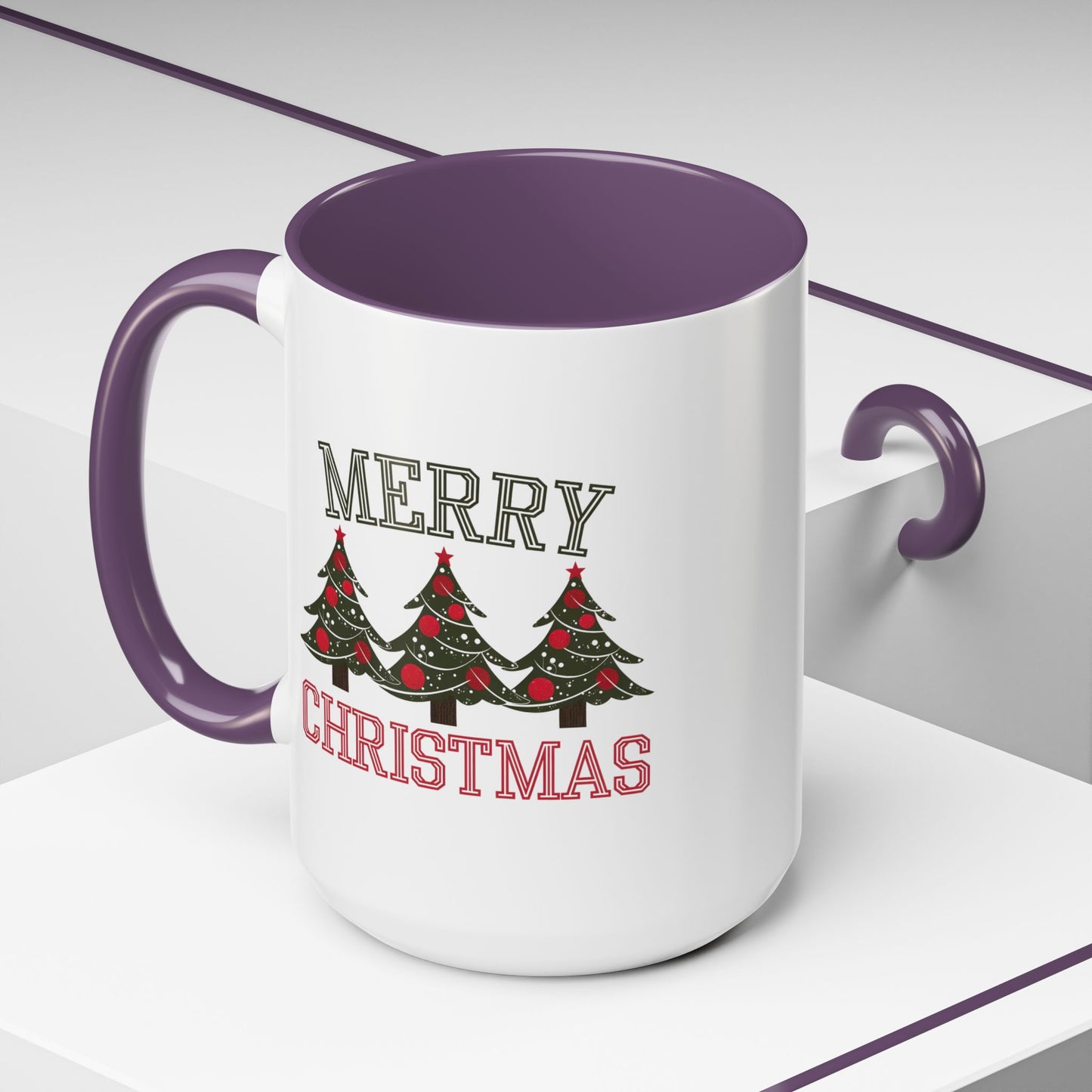 Christmas Mug - Merry Christmas Green & Red Text Decorative Trees