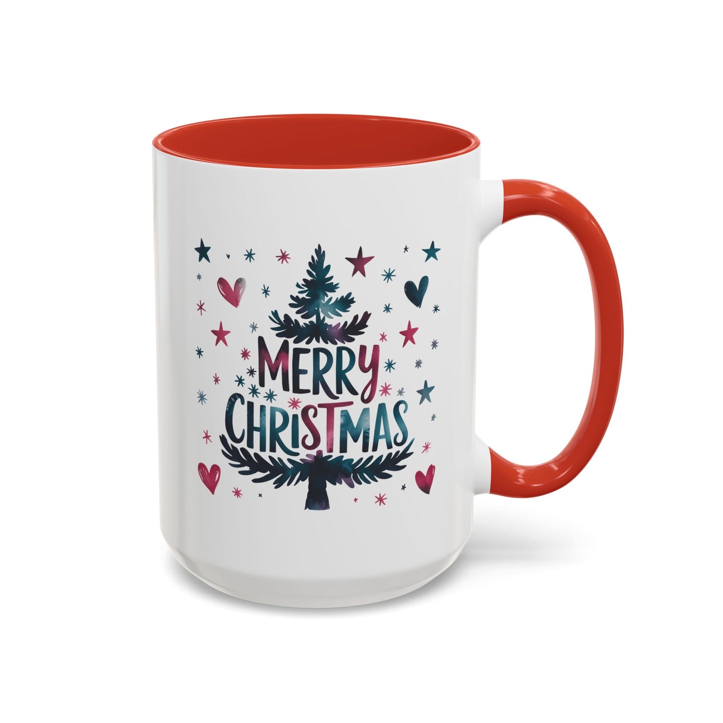 Christmas Mug - Merry Christmas Maroon & Blue Text Tree Hearts Stars