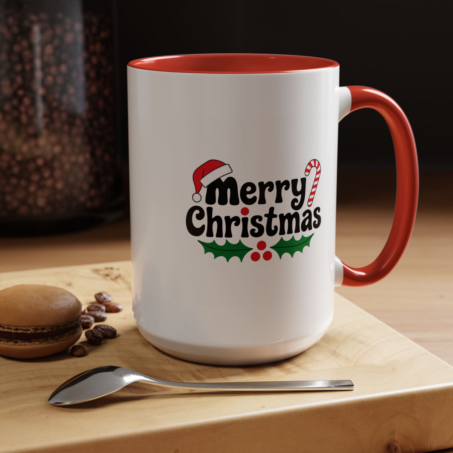 Christmas Mug - Merry Christmas Black Text Hat Cane Misletoe