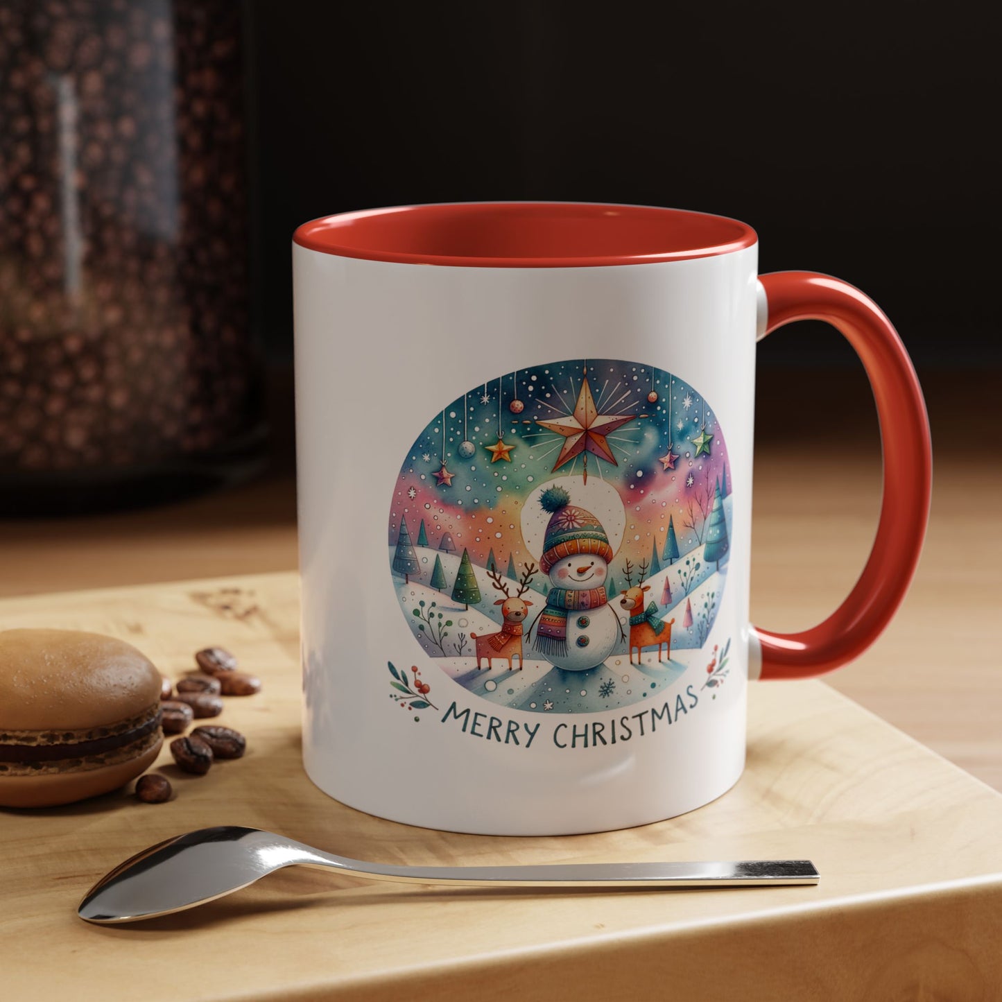 Christmas Mug - Merry Christmas Blue Text Snowman Star Reindeer