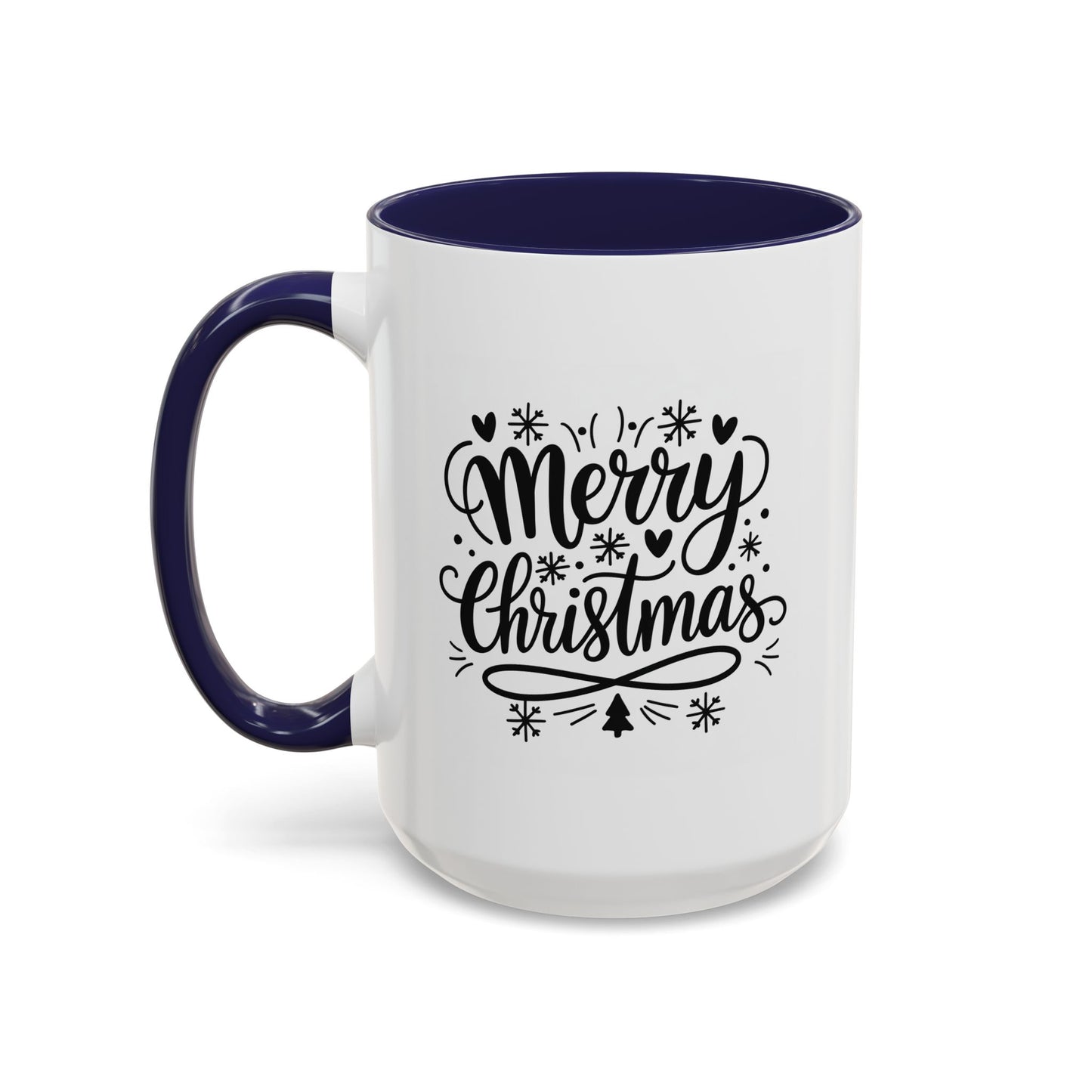 Christmas Mug - Merry Christmas Black Text Tree Snowflakes Hearts