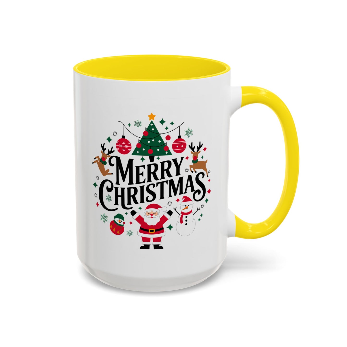 Christmas Mug - Merry Christmas Black Text Santa Reindeer Snowmen Ornaments