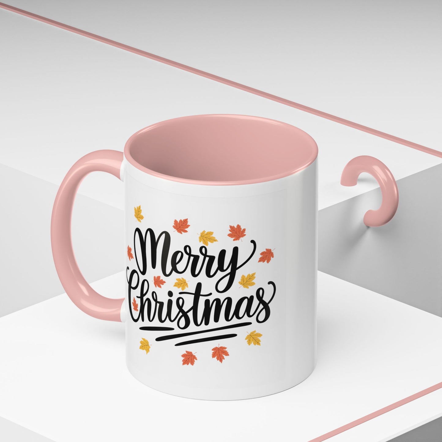 Christmas Mug - Merry Christmas Black Text Fall Leaves