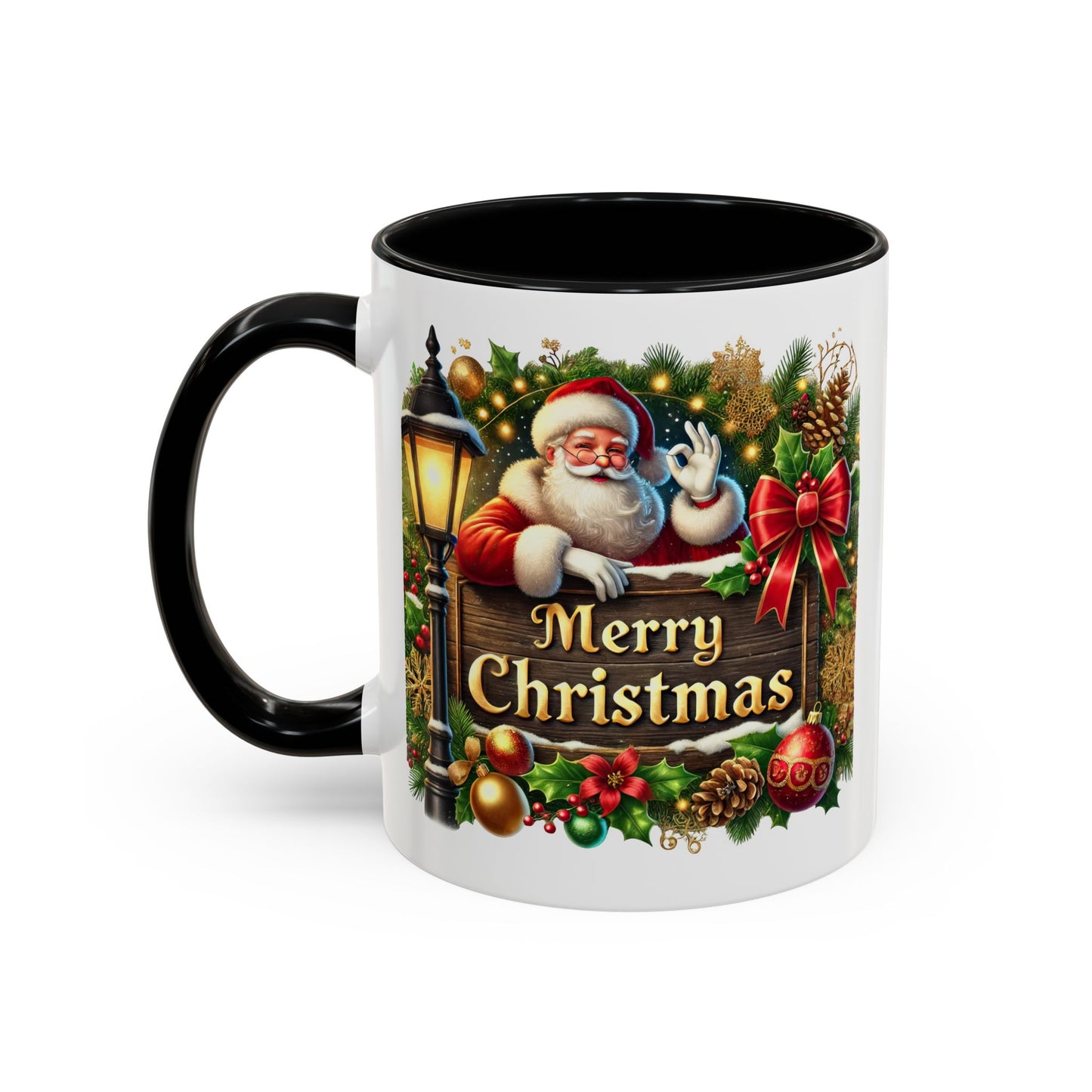 Christmas Mug - Merry Christmas Cream Text Santa Ok Light Bow Ornaments