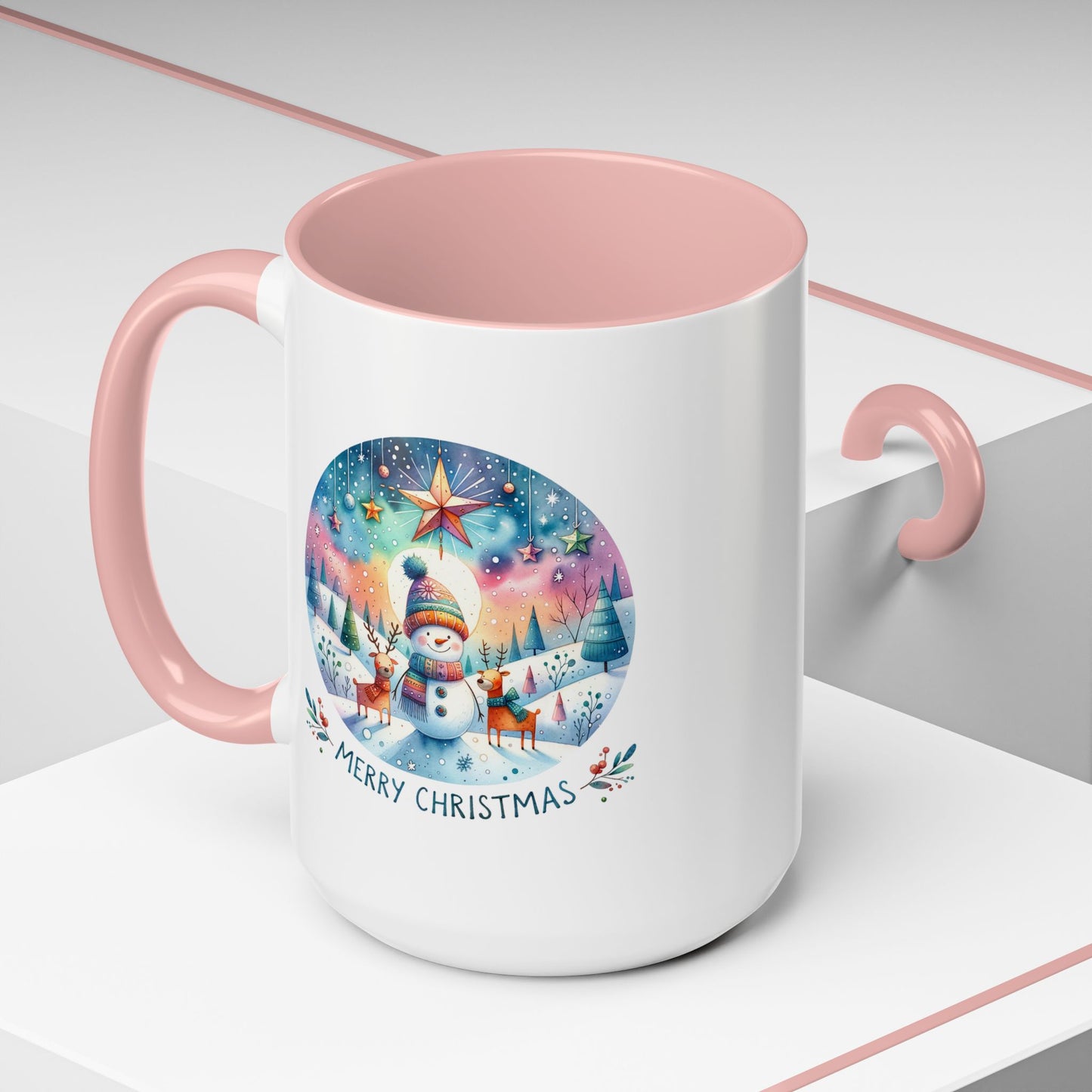 Christmas Mug - Merry Christmas Blue Text Snowman Star Reindeer