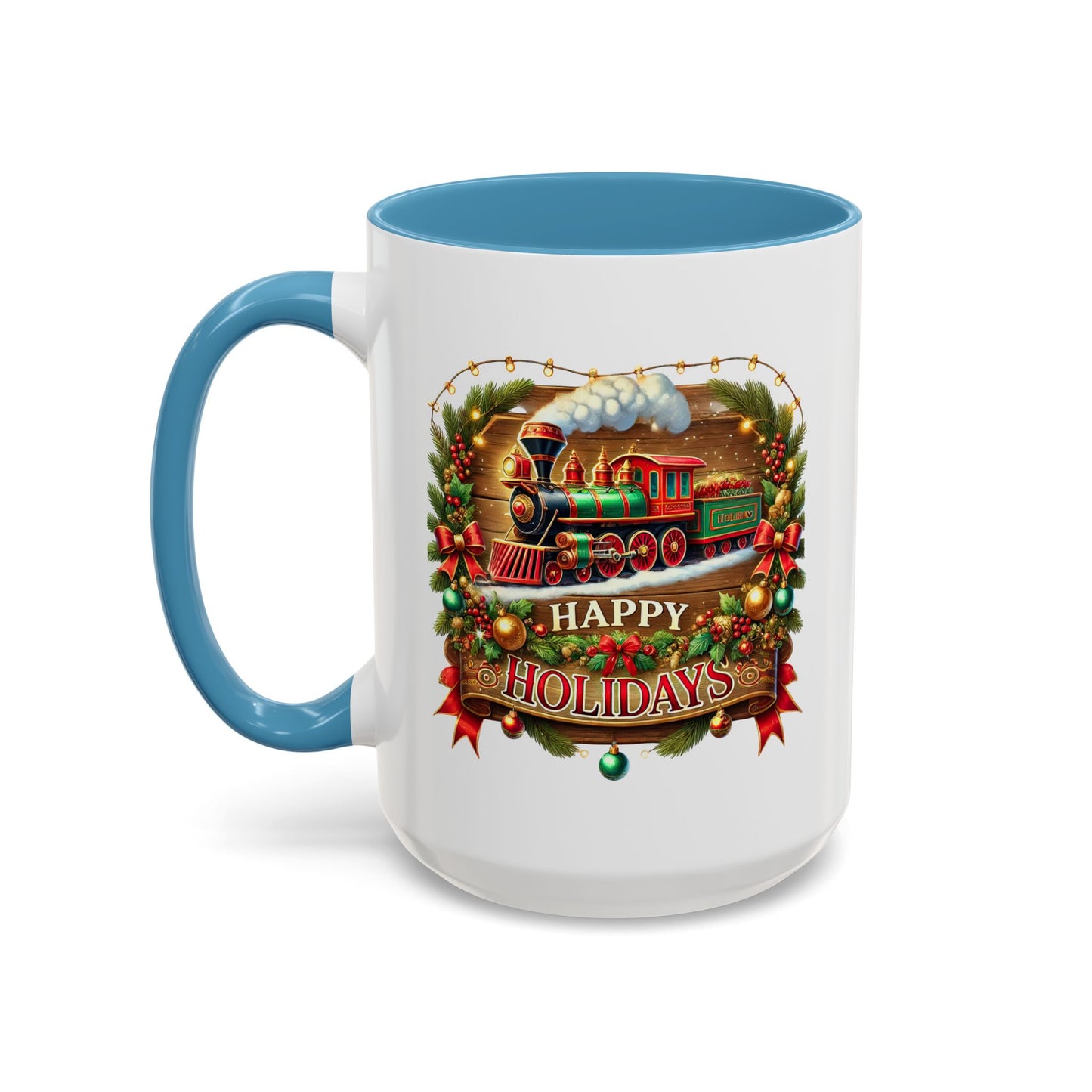 Christmas Mug - Happy Holidays White & Red Text Steam Locomotive