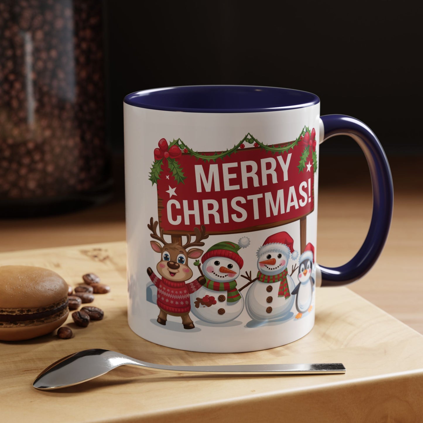 Christmas Mug - Merry Christmas White Text Reindeer Snowmen Penguin