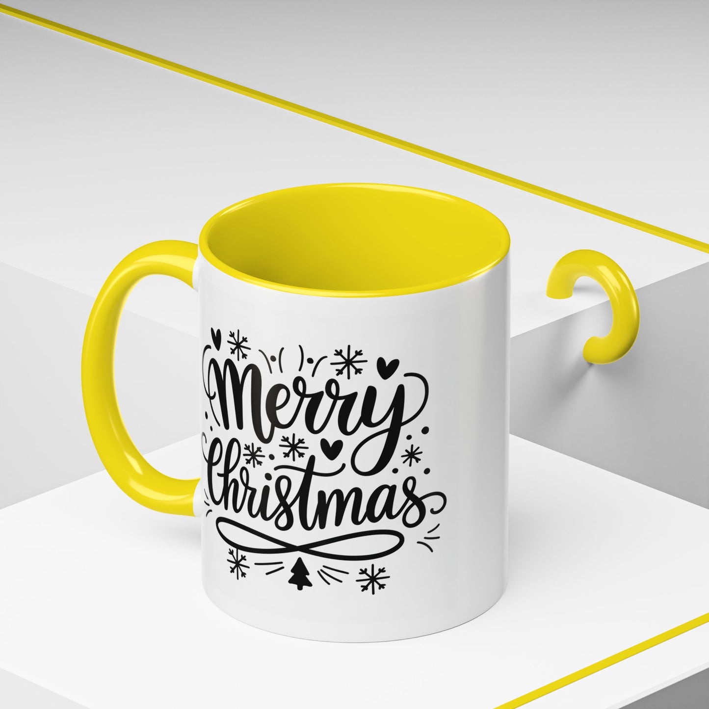 Christmas Mug - Merry Christmas Black Text Tree Snowflakes Hearts