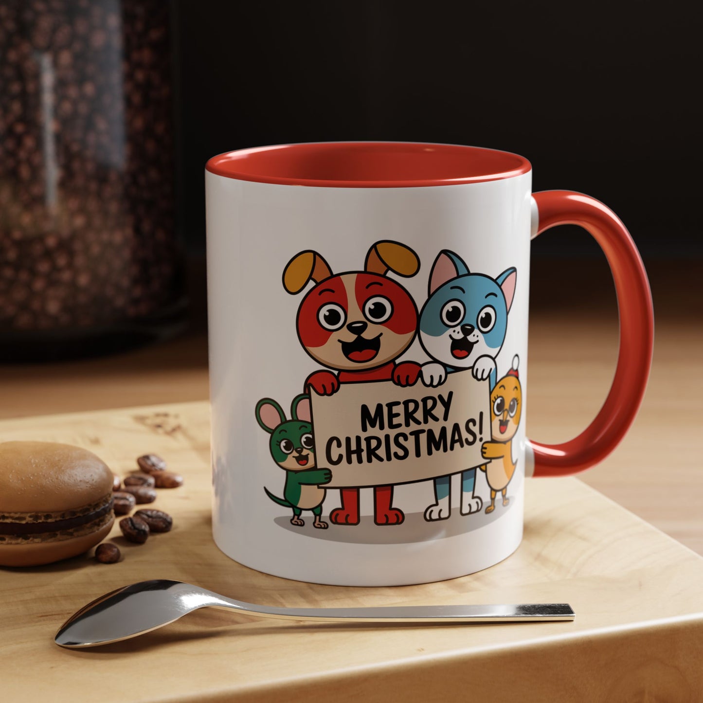 Christmas Mug - Merry Christmas Black Text Mouse Dog Cat Bird