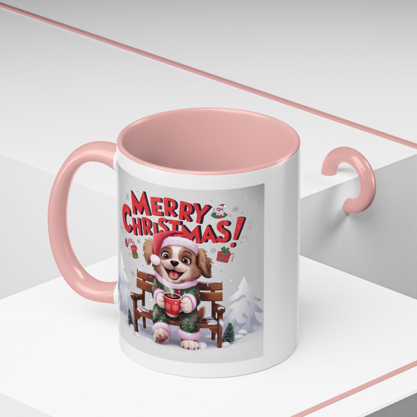 Christmas Mug - Merry Christmas Red Text Puppy Green & Red Top