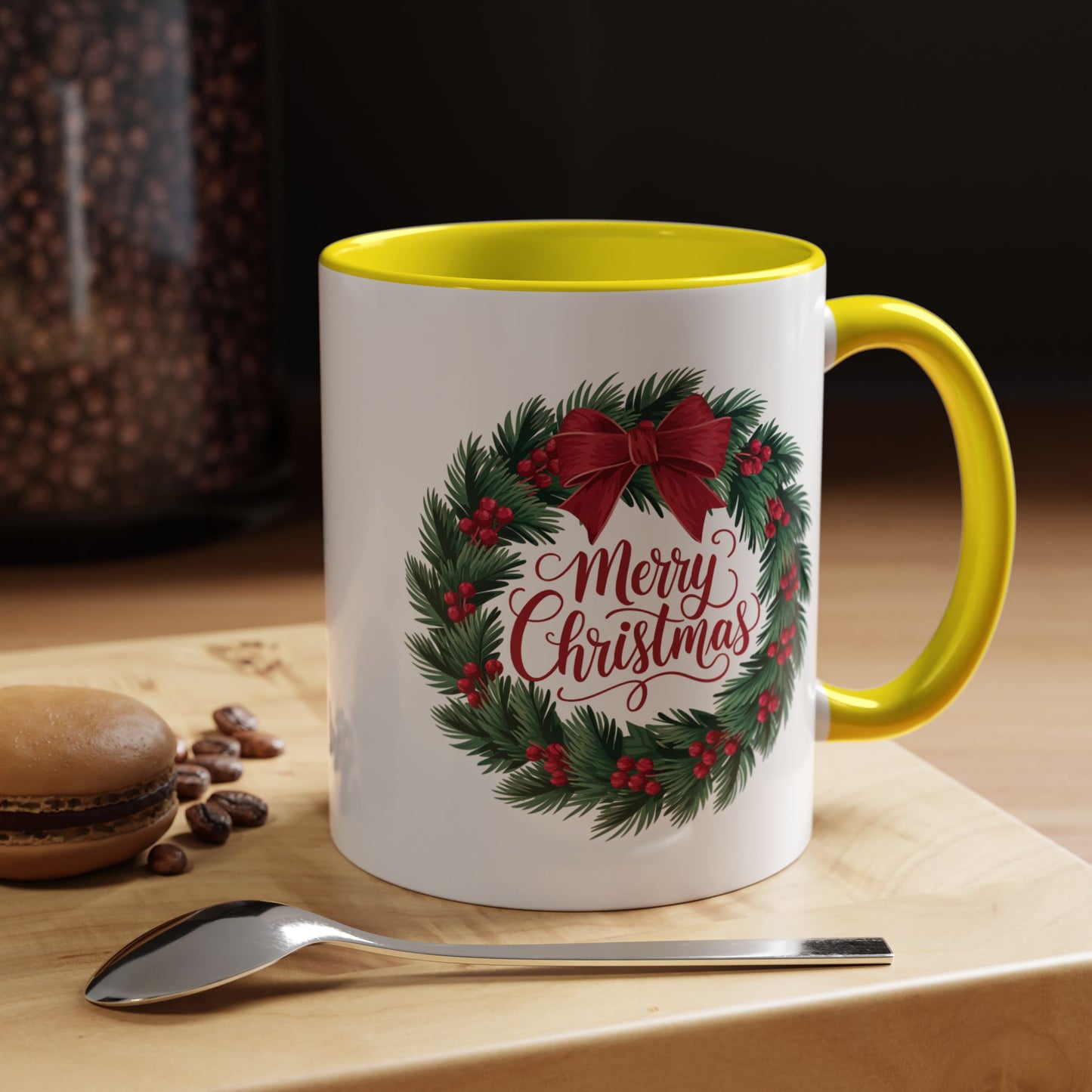 Christmas Mug - Merry Christmas Red Text Bow Wreath