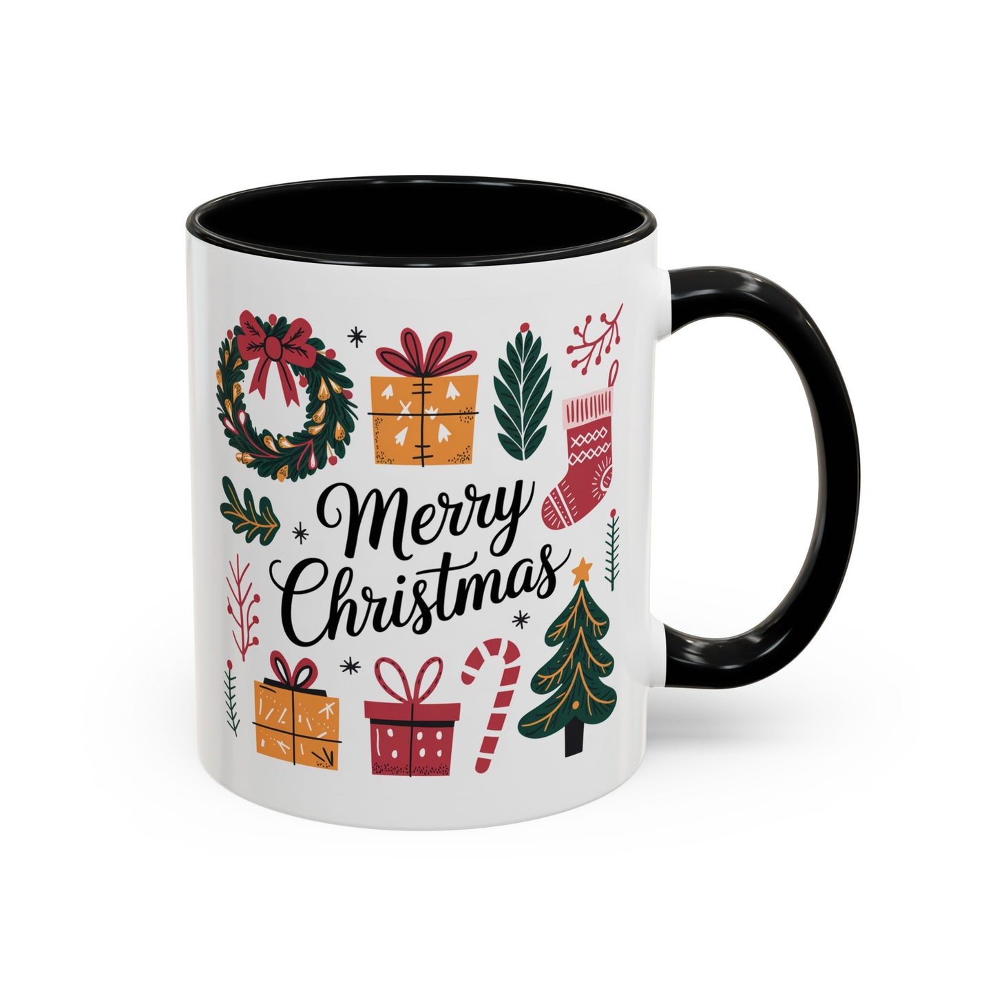 Christmas Mug - Merry Christmas Green Text Presents Tree Candy Cane