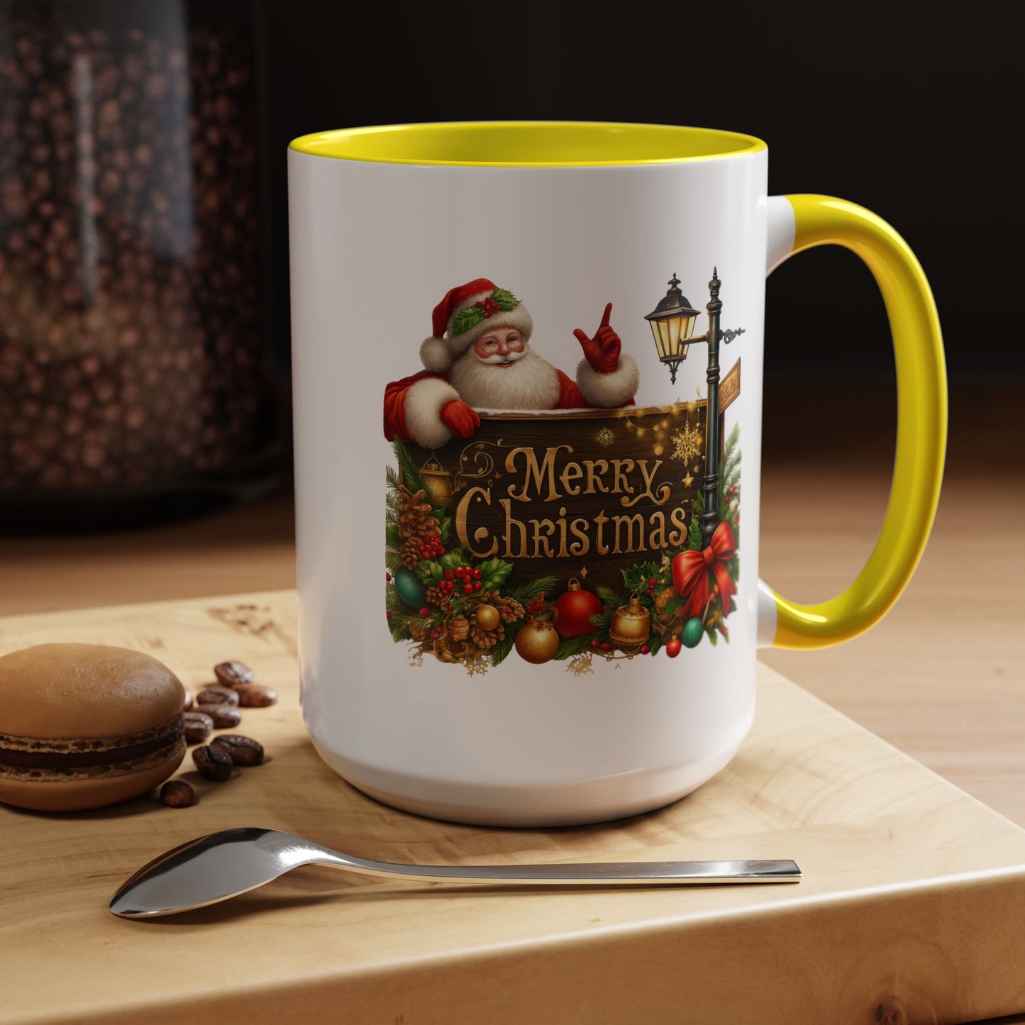 Christmas Mug - Merry Christmas Gold Text Santa Point Ornaments