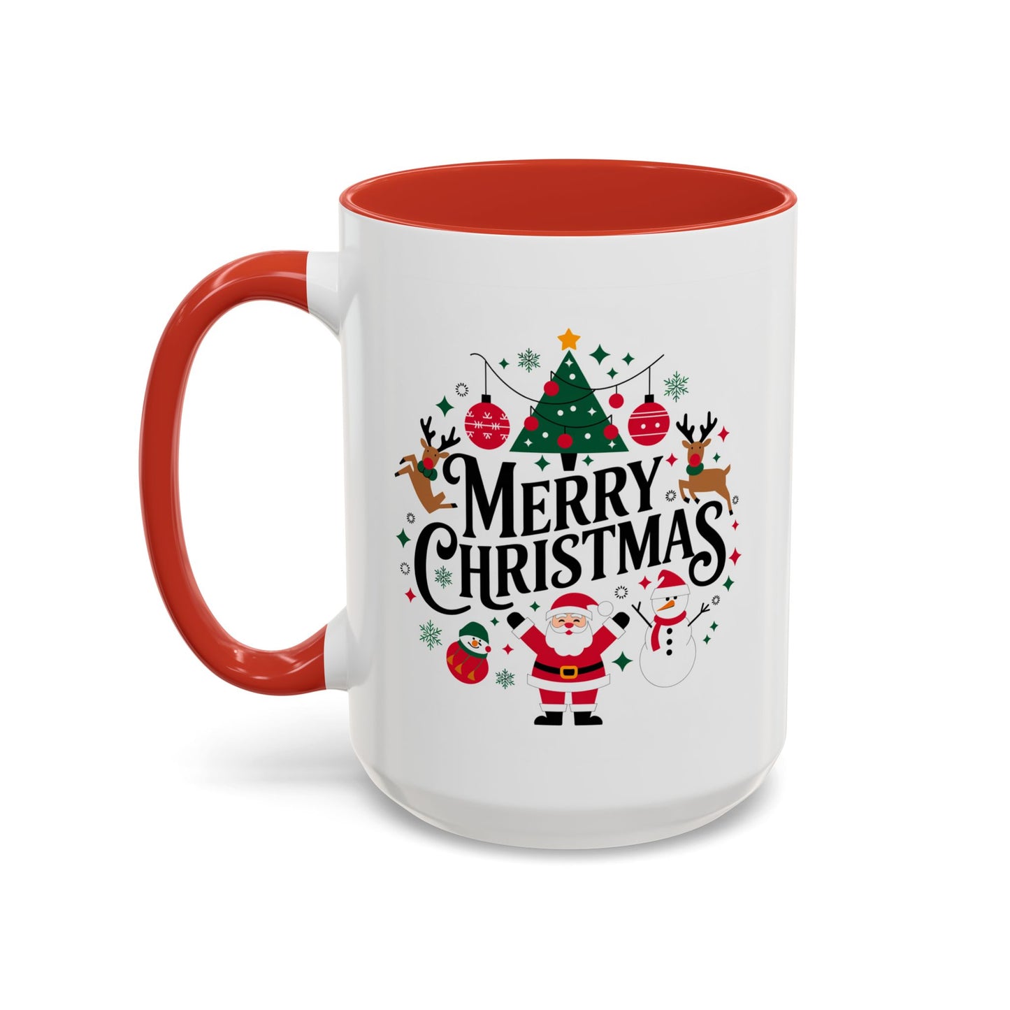 Christmas Mug - Merry Christmas Black Text Santa Reindeer Snowmen Ornaments