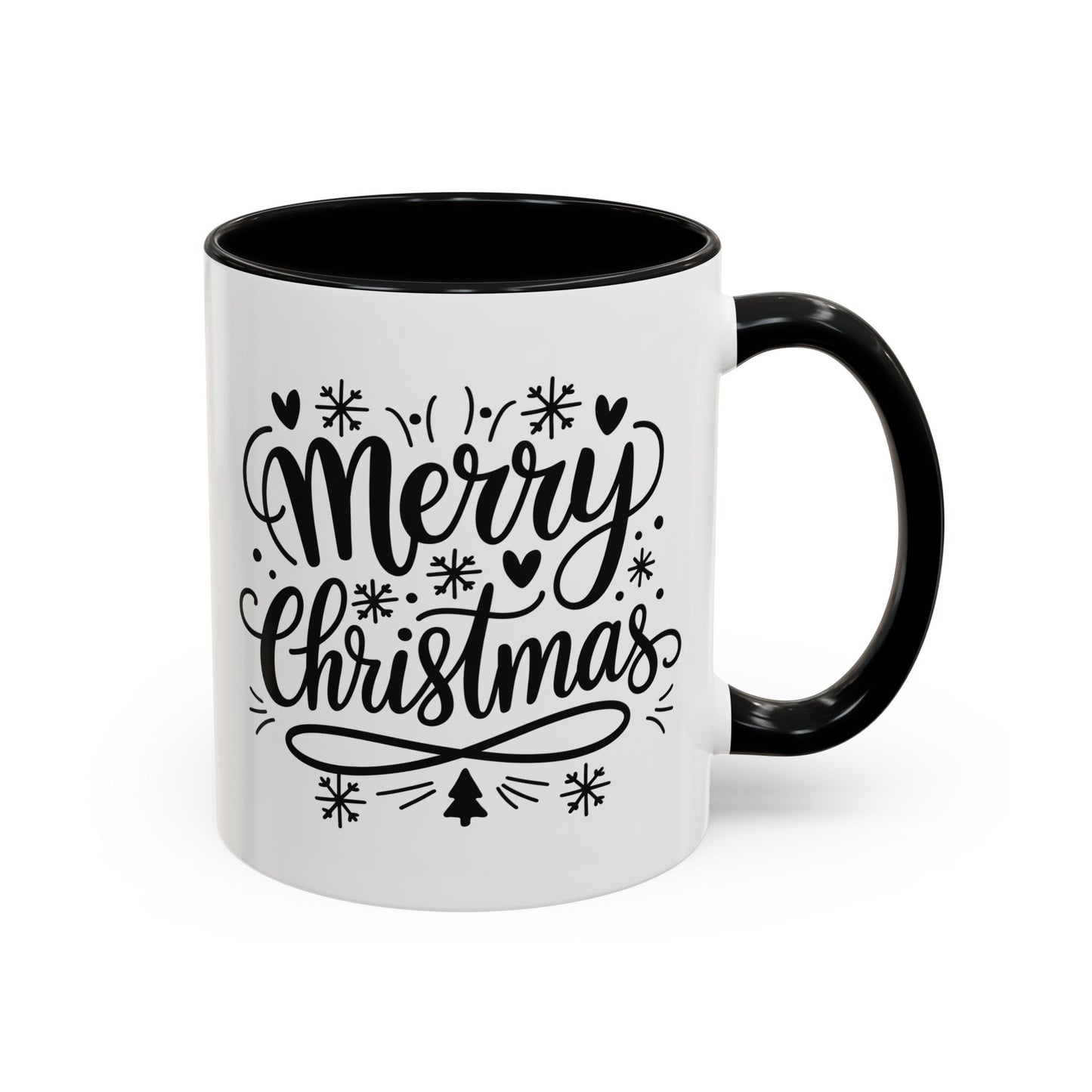 Christmas Mug - Merry Christmas Black Text Tree Snowflakes Hearts