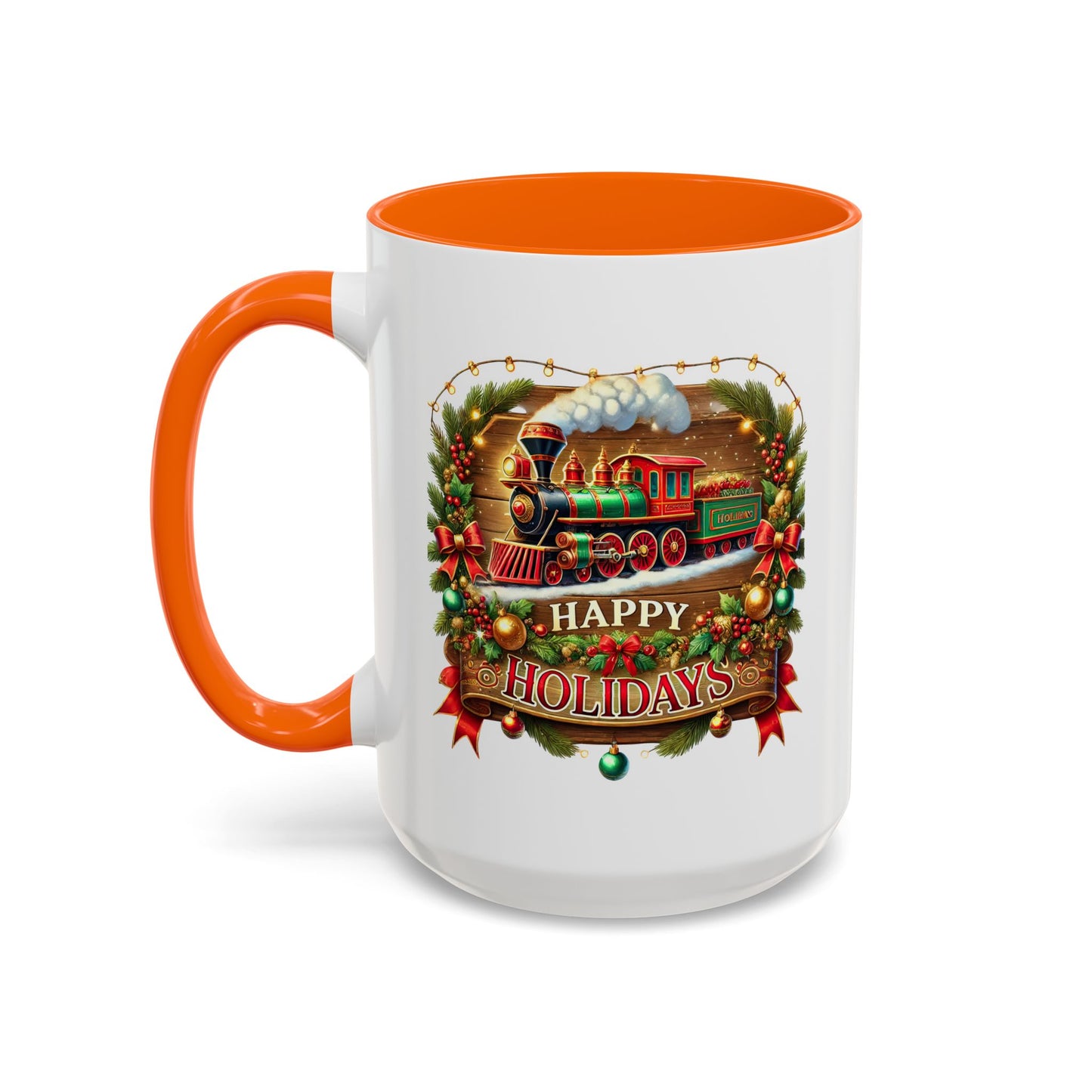 Christmas Mug - Happy Holidays White & Red Text Steam Locomotive