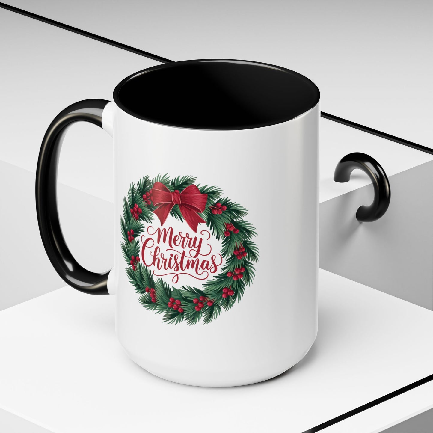 Christmas Mug - Merry Christmas Red Text Bow Wreath