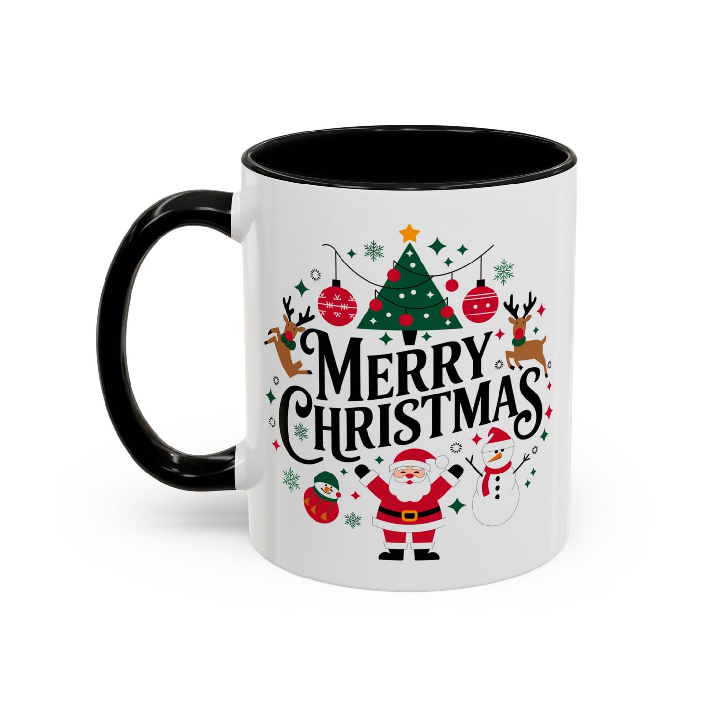Christmas Mug - Merry Christmas Black Text Santa Reindeer Snowmen Ornaments