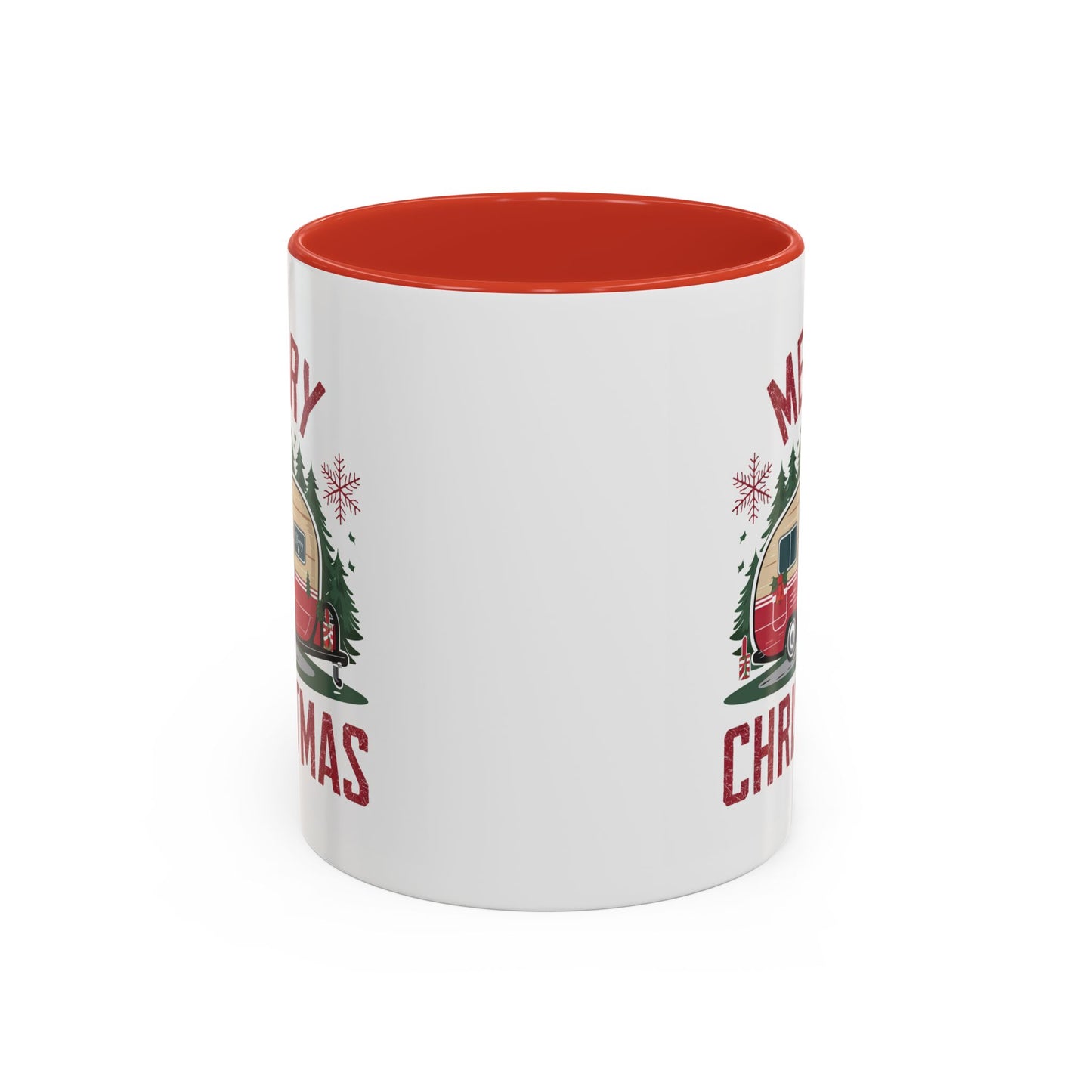 Christmas Mug - Merry Christmas Maroon Text Camper Trees Snowflakes