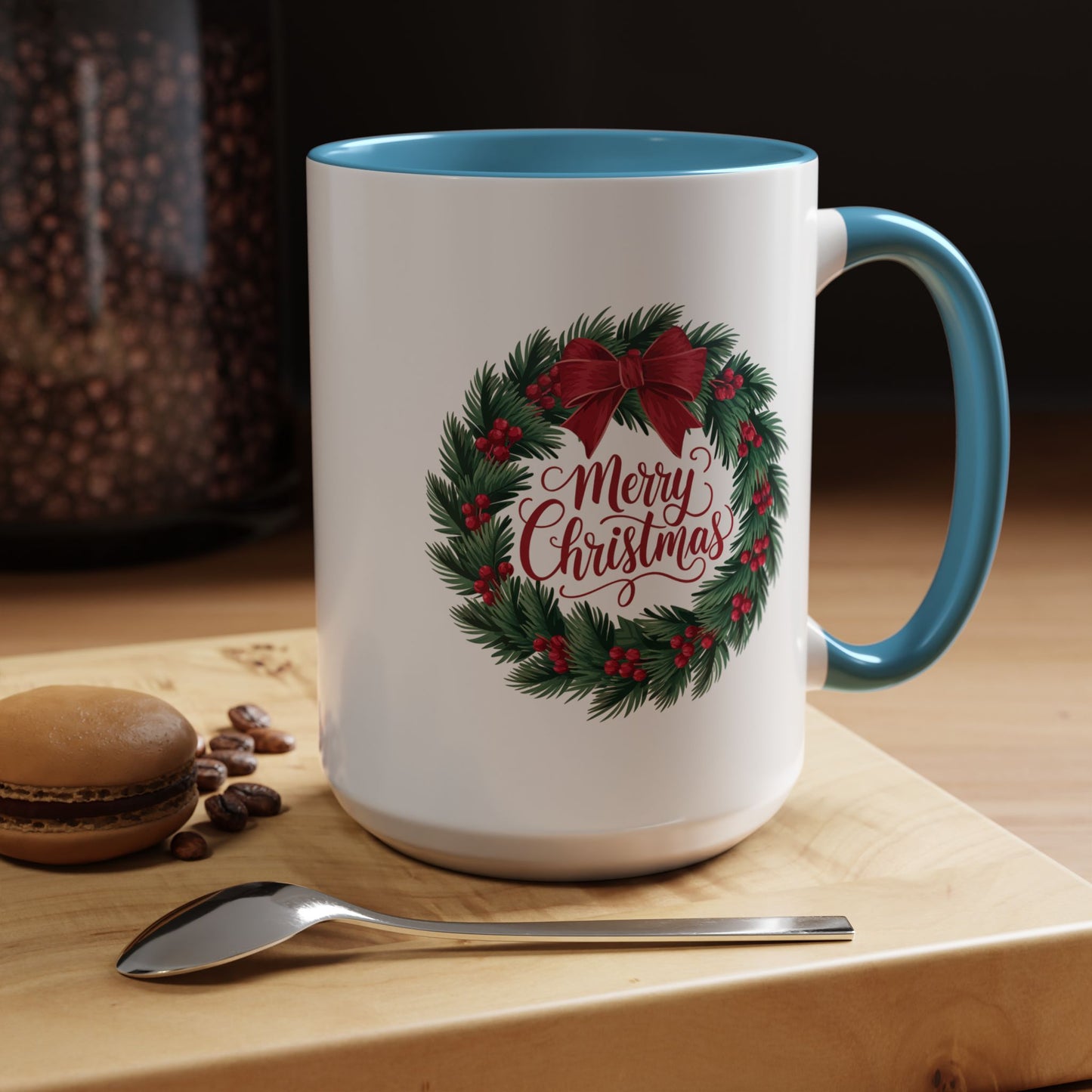 Christmas Mug - Merry Christmas Red Text Bow Wreath