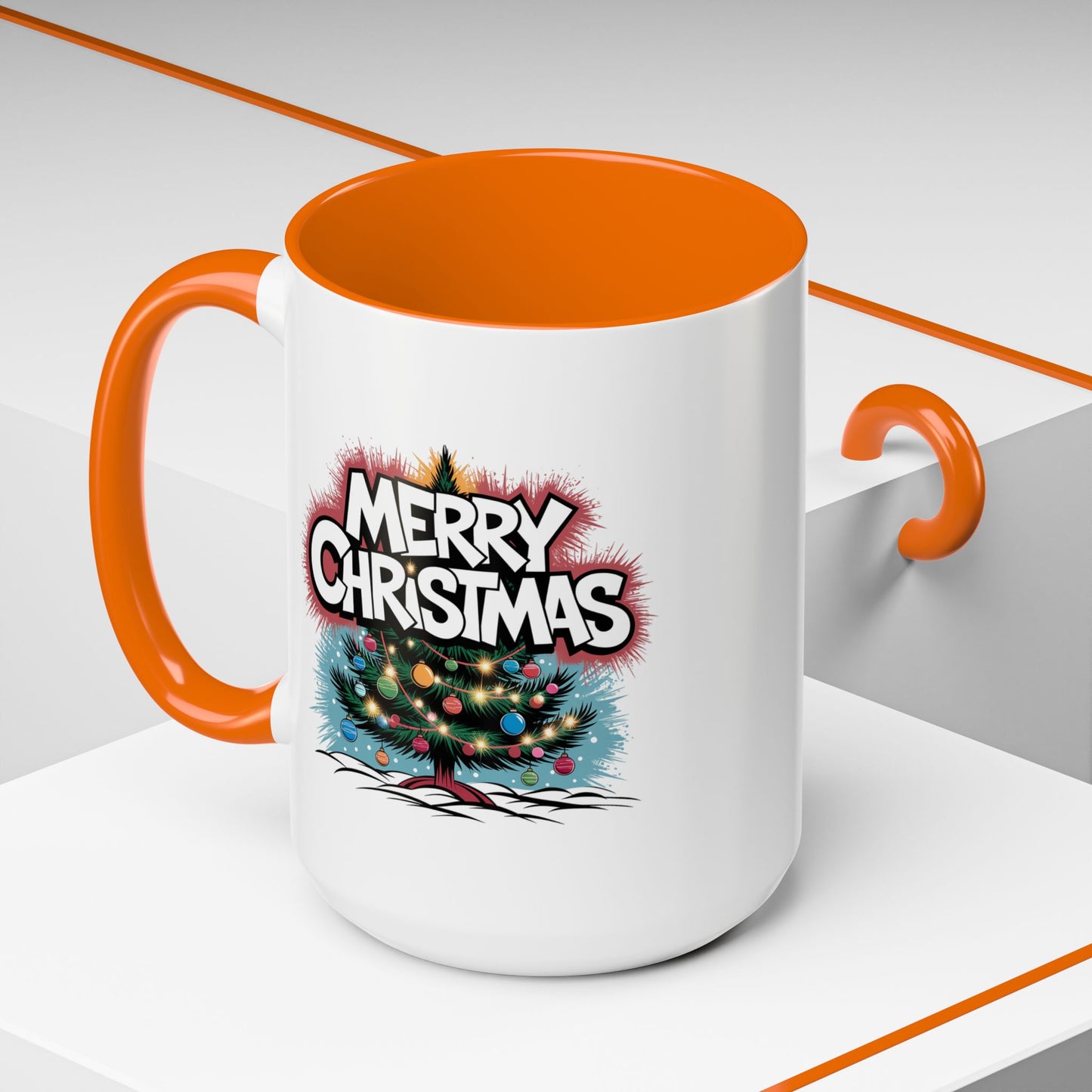 Christmas Mug - Merry Christmas White & Red Text Tree Lights