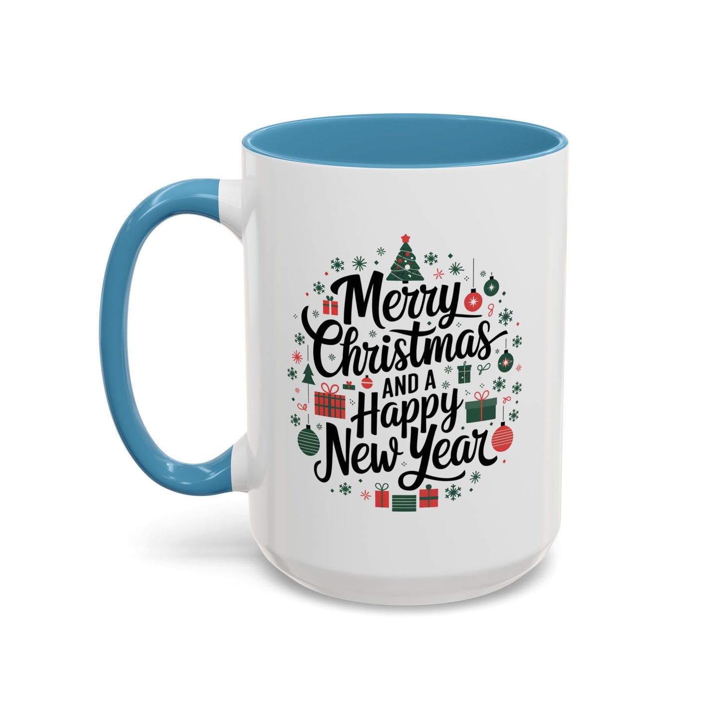 Christmas Mug - Merry Christmas and a Happy New Year Black Text Tree Ornaments Presents