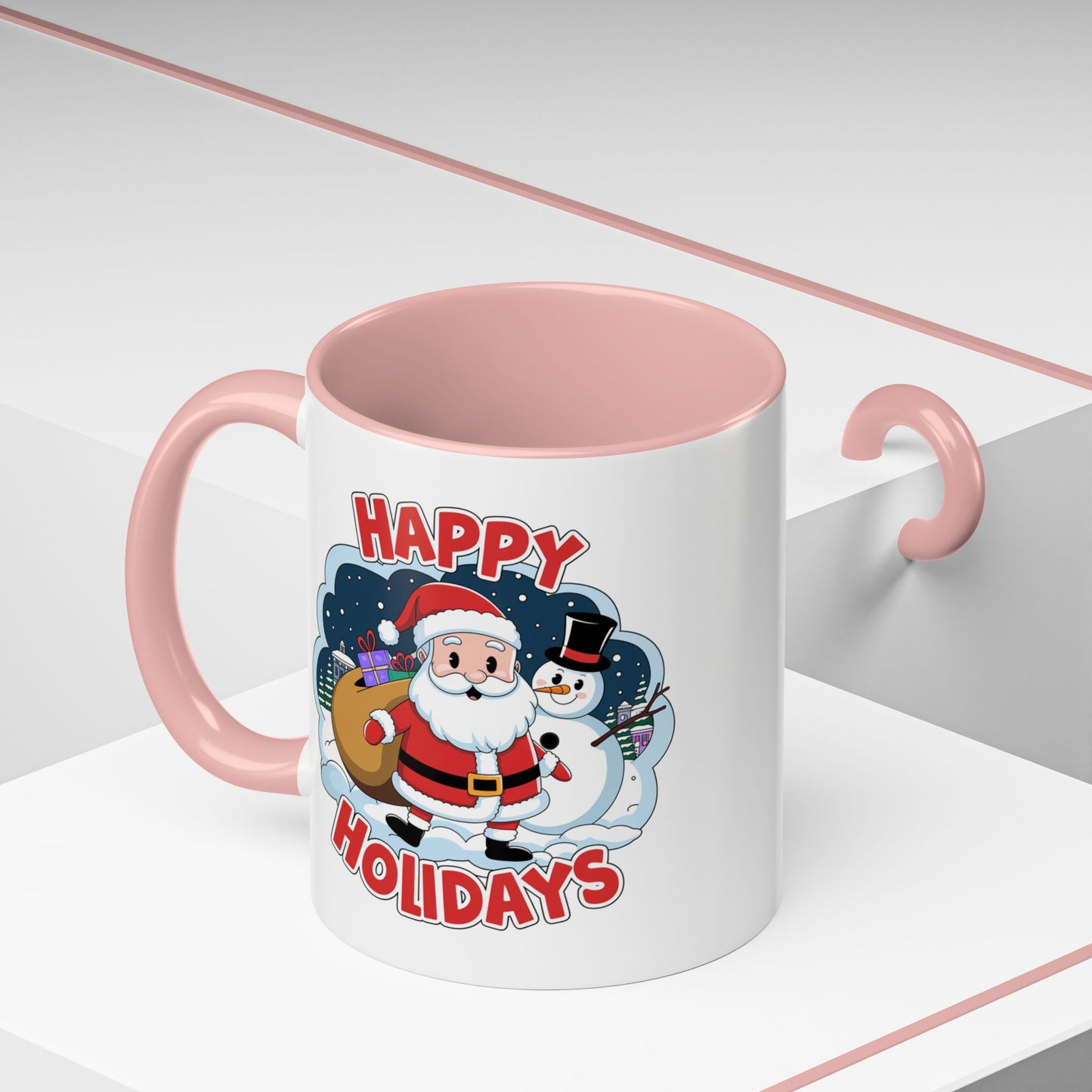 Christmas Mug - Happy Holidays Red & White Text Santa Snowman