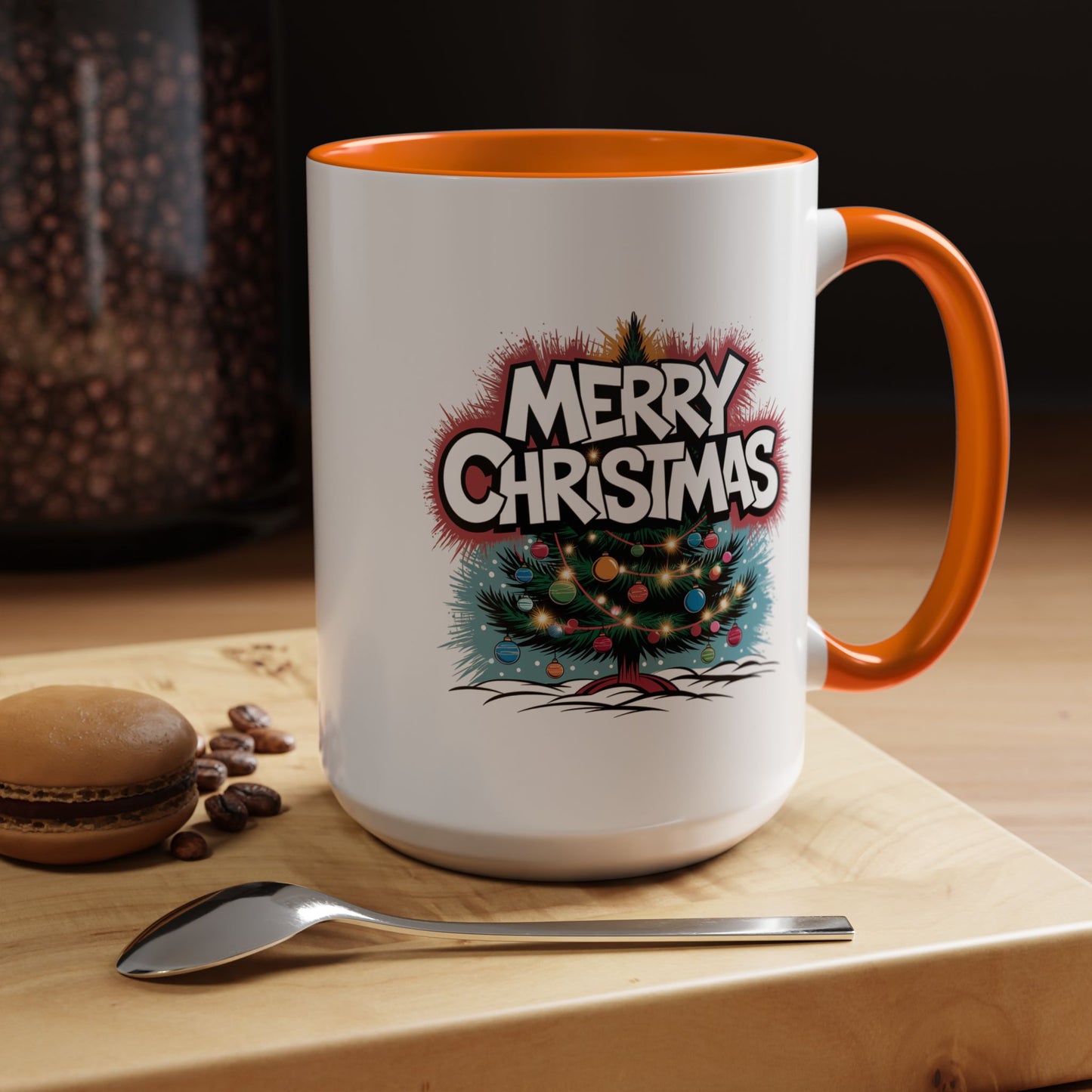 Christmas Mug - Merry Christmas White & Red Text Tree Lights
