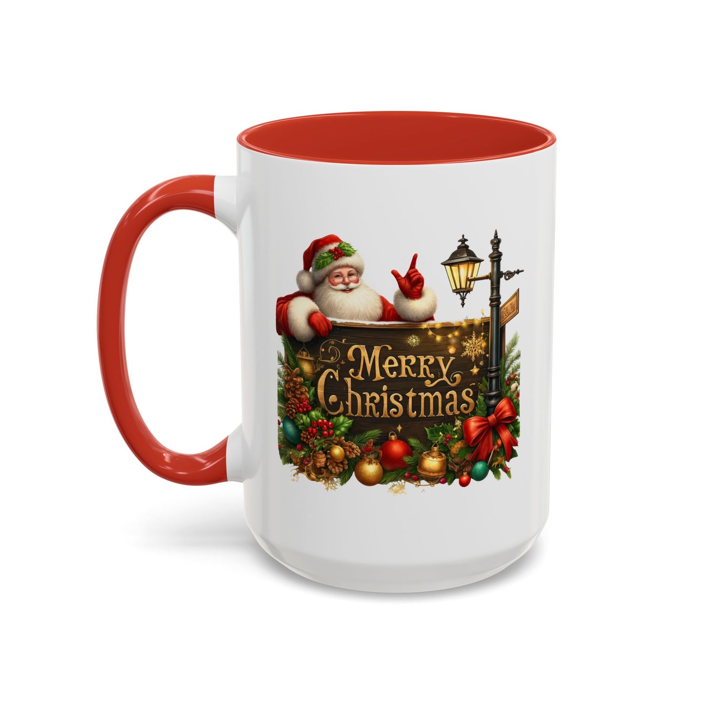 Christmas Mug - Merry Christmas Gold Text Santa Point Ornaments