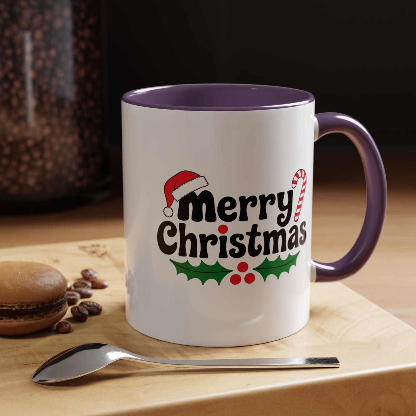 Christmas Mug - Merry Christmas Black Text Hat Cane Misletoe