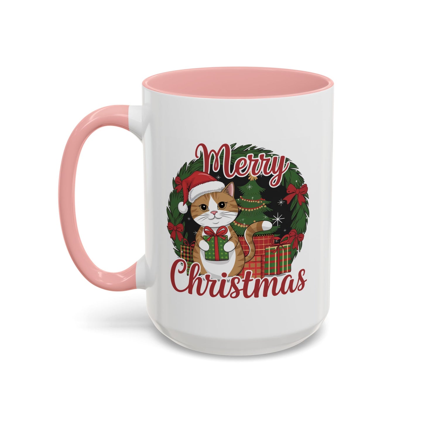 Christmas Mug - Merry Christmas Red Text Cat Presents Wreath