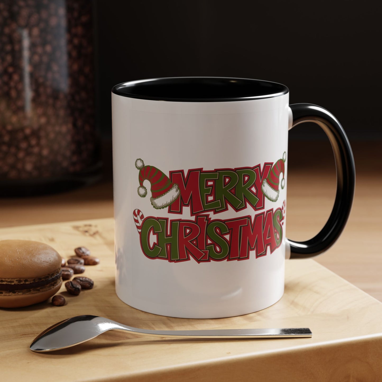 Christmas Mug - Merry Christmas Red & Green Text Hats Candy Canes
