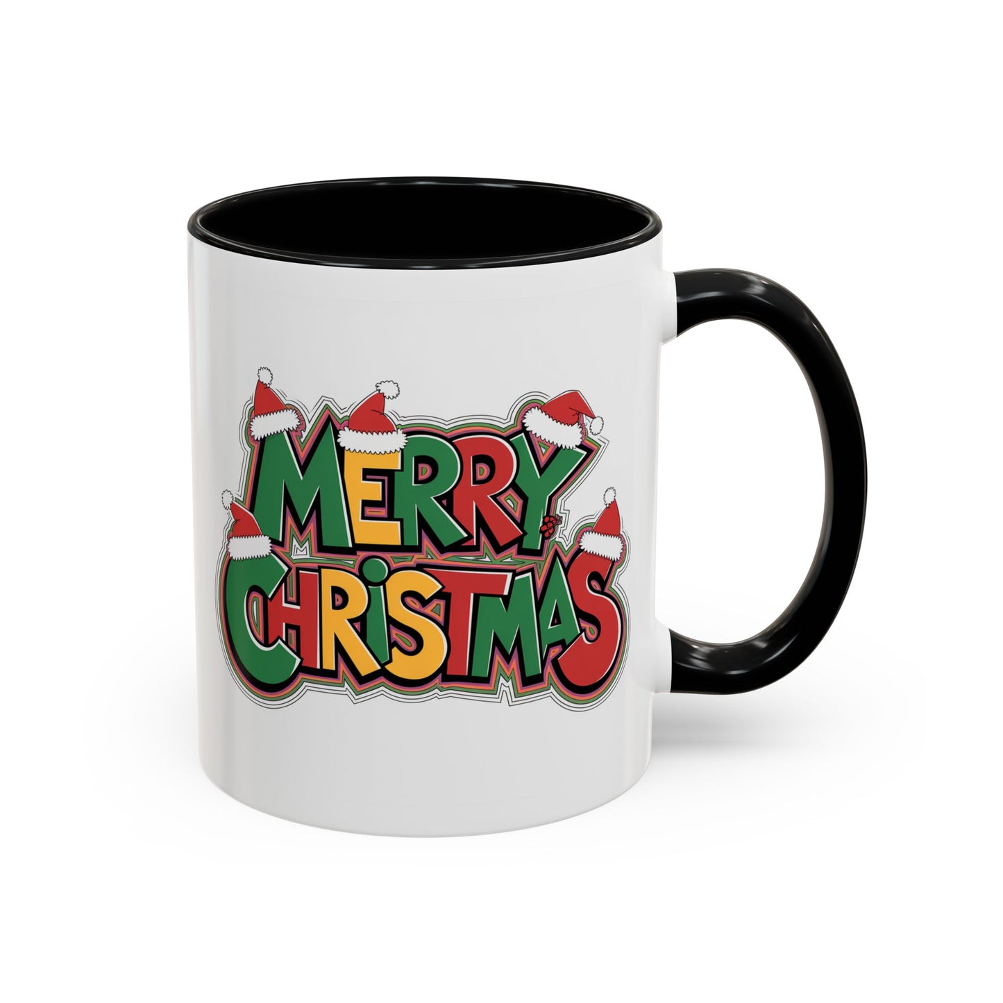 Christmas Mug - Merry Christmas Green Yellow & Red Text Hats