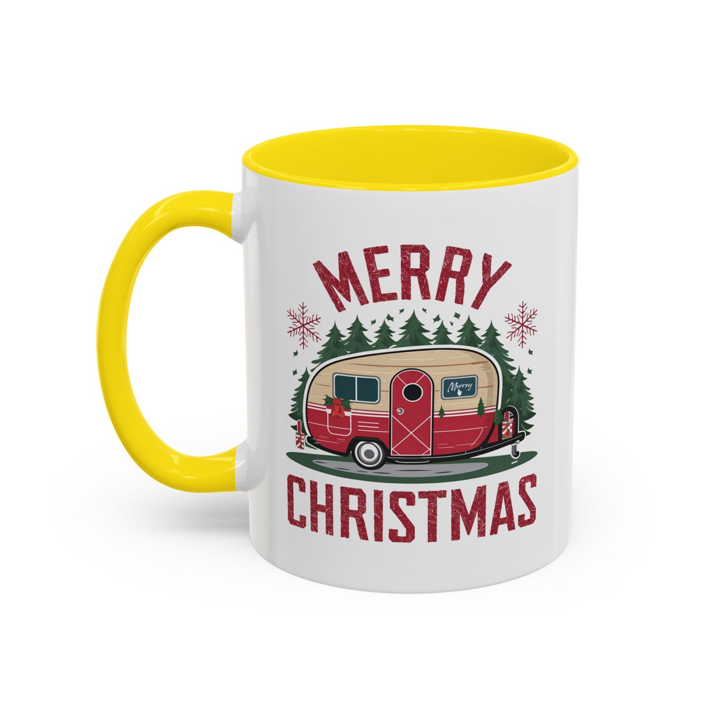 Christmas Mug - Merry Christmas Maroon Text Camper Trees Snowflakes